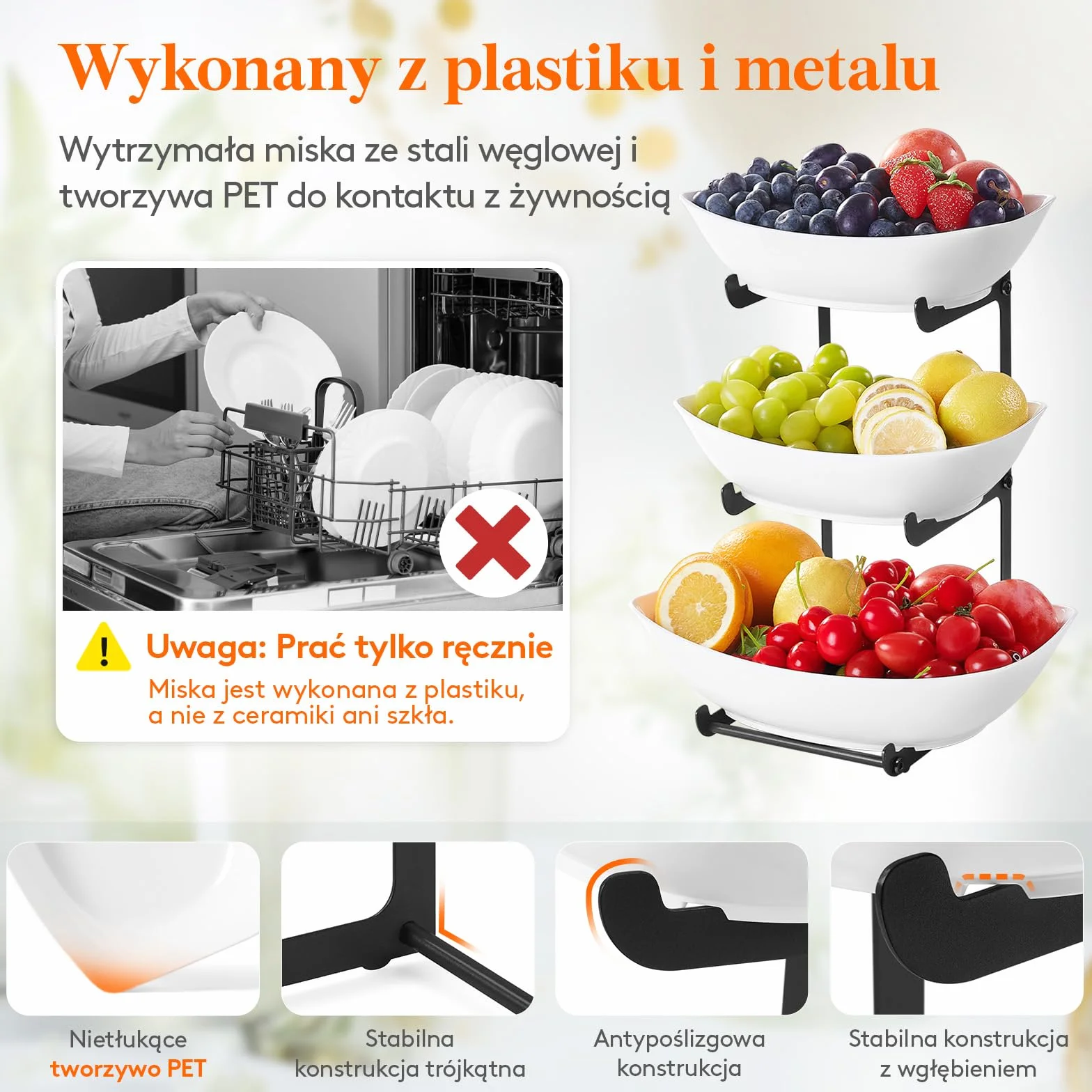 Lifewit Etażerka na owoce z 3 poziomami, półka, półka, biała taca wielokrotnego użytku z miseczkami na owoce, do bufetów, owoców, przekąsek, warzyw, ciastek, deserów, czarna