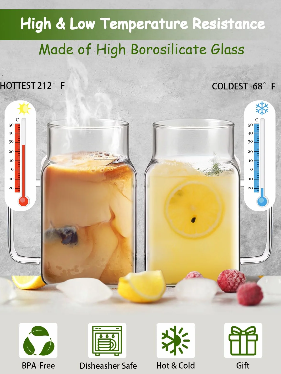 2 Sztuki Szklanki ze Słomką, Szklanka do Piwa 600 ml, Kwadratowa Szklana, Szkło Borokrzemowe, z Bambusową Pokrywką, do Wody, Koktajli Mlecznych, Soków, Koktajli, Piwa, Sody