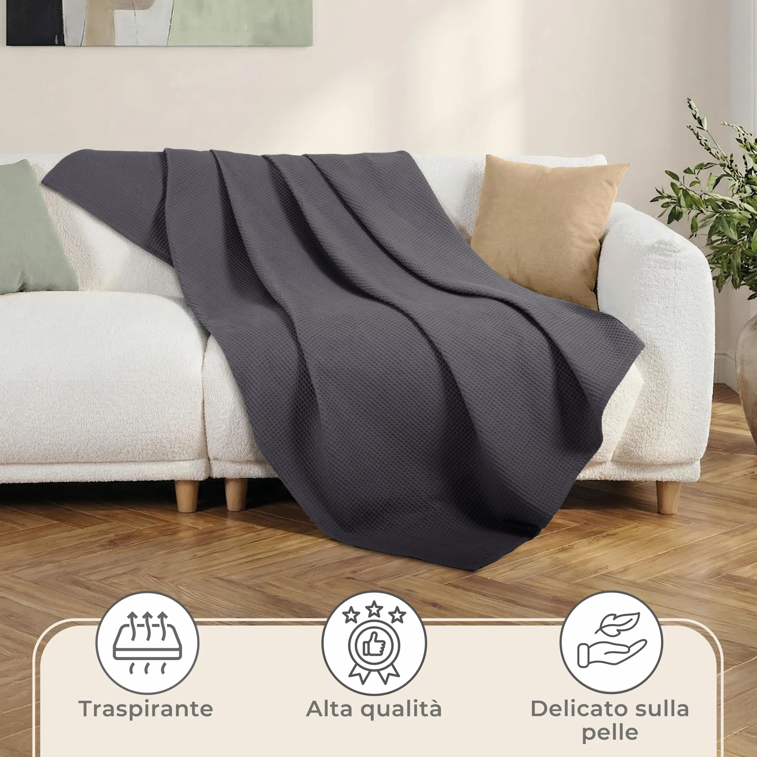 LAYNENBURG narzuta klasy premium, 180 x 220 cm, 100% bawełny o strukturze waflowej, lekkie nakrycie letnie, bawełniana narzuta na łóżko, sofę, antracytowa