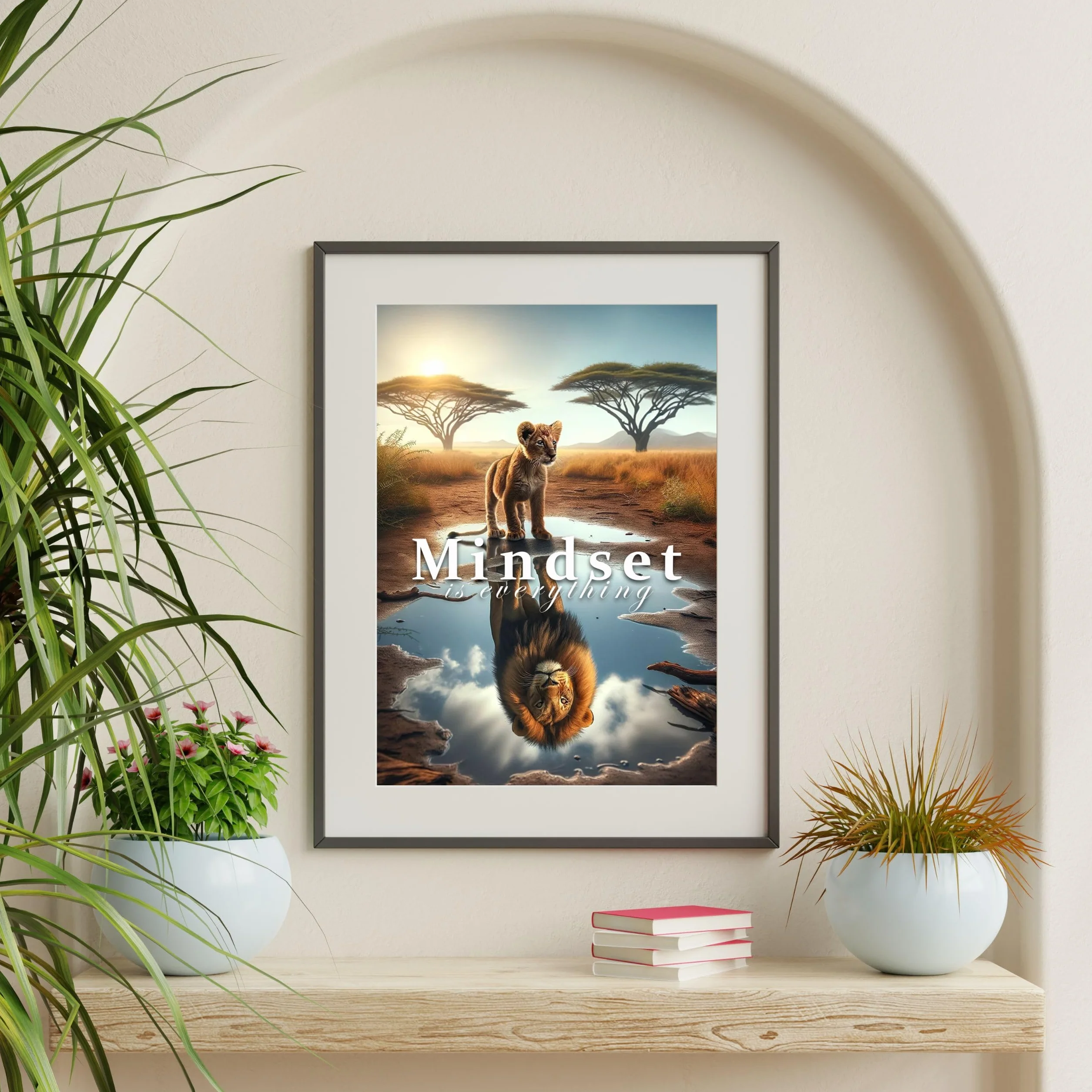 CLEAN SPORTS® Mindset is everything — plakat motywacyjny – lew dziecięcy widzi siebie jako dorosłego lew w lustrze – obraz motywacyjny do biura, sportu i Twojego sukcesu – bez ramki (DIN A1)