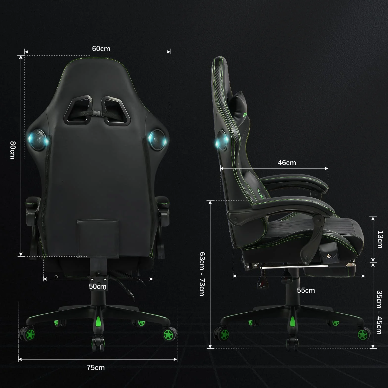 GTPLAYER Ergonomiczne krzesło do gier z podnóżkiem, głośnik, muzyka, maksymalne obciążenie: 150 kg, czarny/zielony