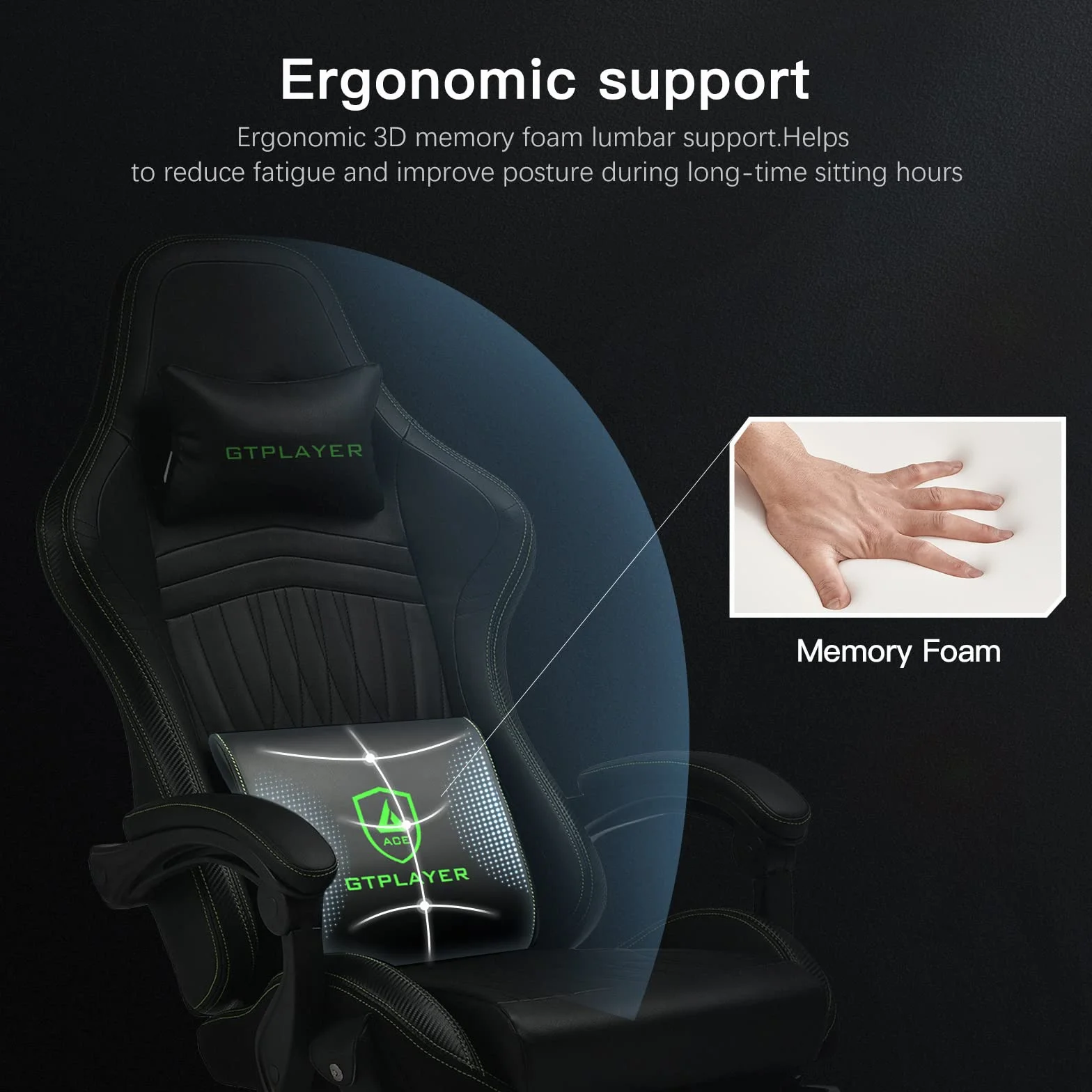 GTPLAYER Ergonomiczne krzesło do gier z podnóżkiem, głośnik, muzyka, maksymalne obciążenie: 150 kg, czarny/zielony