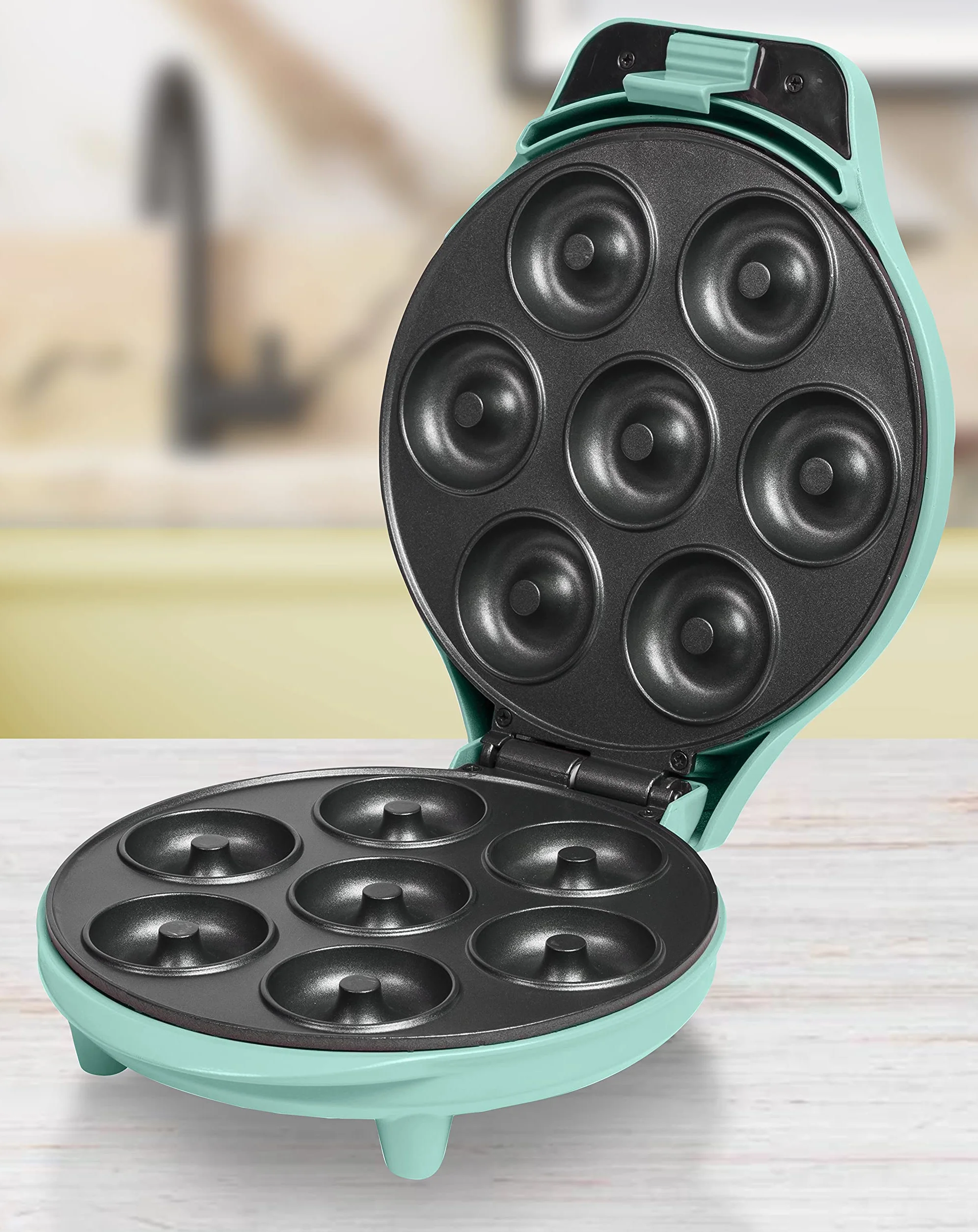 Bestron Donut Maker, Mini Donut Maker na 7 małych pączków, z lampką do pieczenia i nieprzywierającą powłoką, 700 W, kolor: Zielony