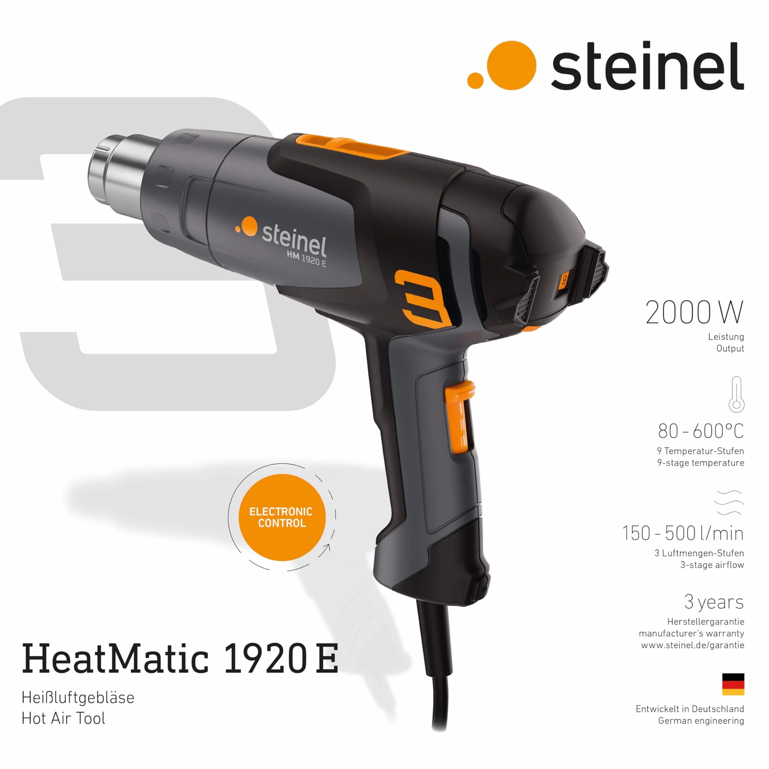 Steinel Pistolet grzewczy HM 1920 E, 2000 W, 80-600°C, pistolet na gorące powietrze z grzałką ceramiczną, do obkurczania, foliowania i zgrzewania tworzyw sztucznych