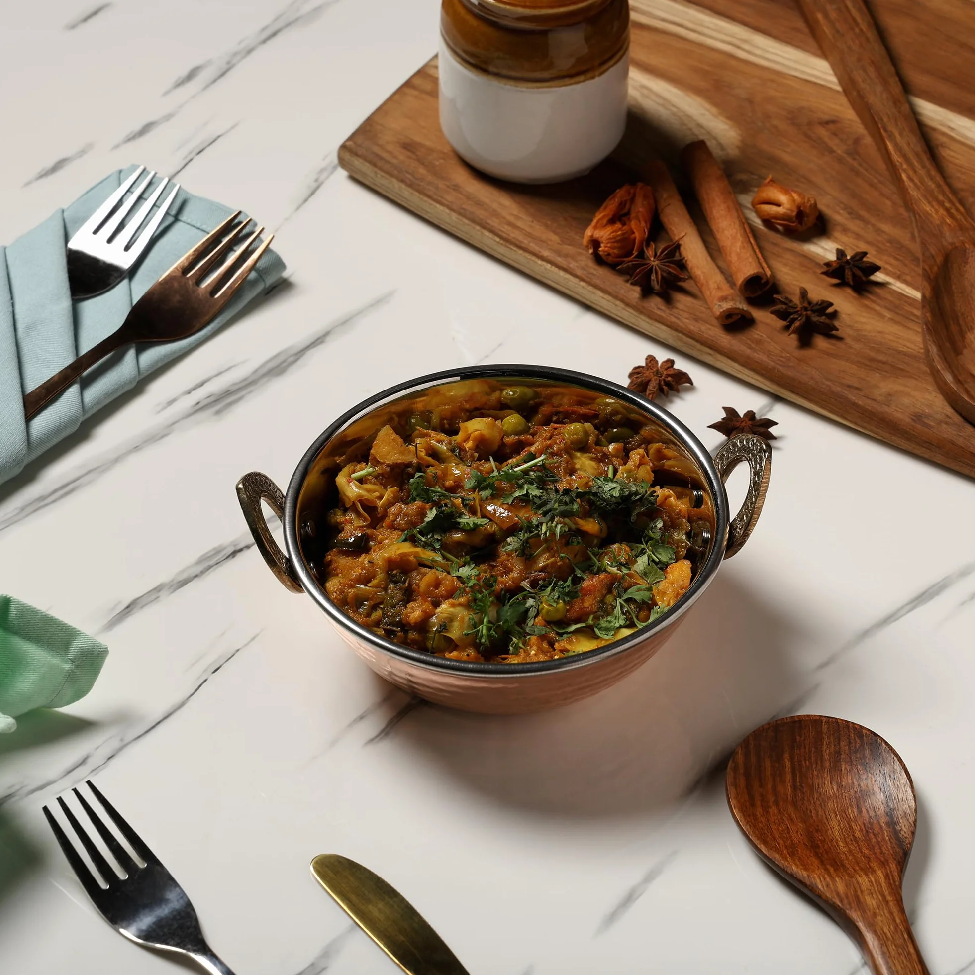 Zap Impex Indyjskie naczynie do serwowania, miedź i młotkowana stal nierdzewna Karahi do indyjskich potraw i curry, zestaw 2 sztuk, średnica 19 cm, srebro 8904295400458