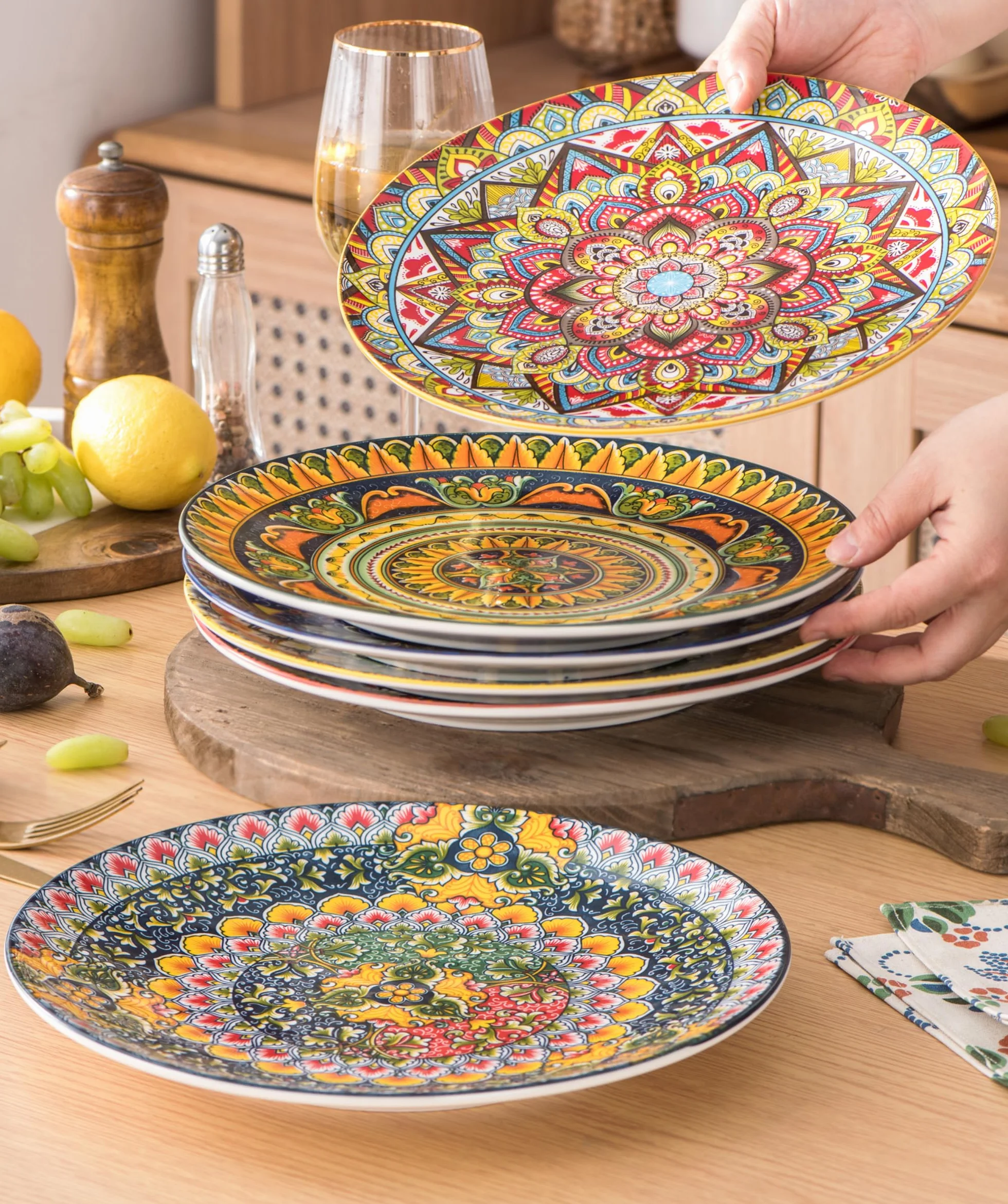 Henten Home Zestaw talerzy deserowych, talerzy sałatkowych, 20 cm, płaski kuchenny kolorowy talerz, mały okrągły talerz - styl boho