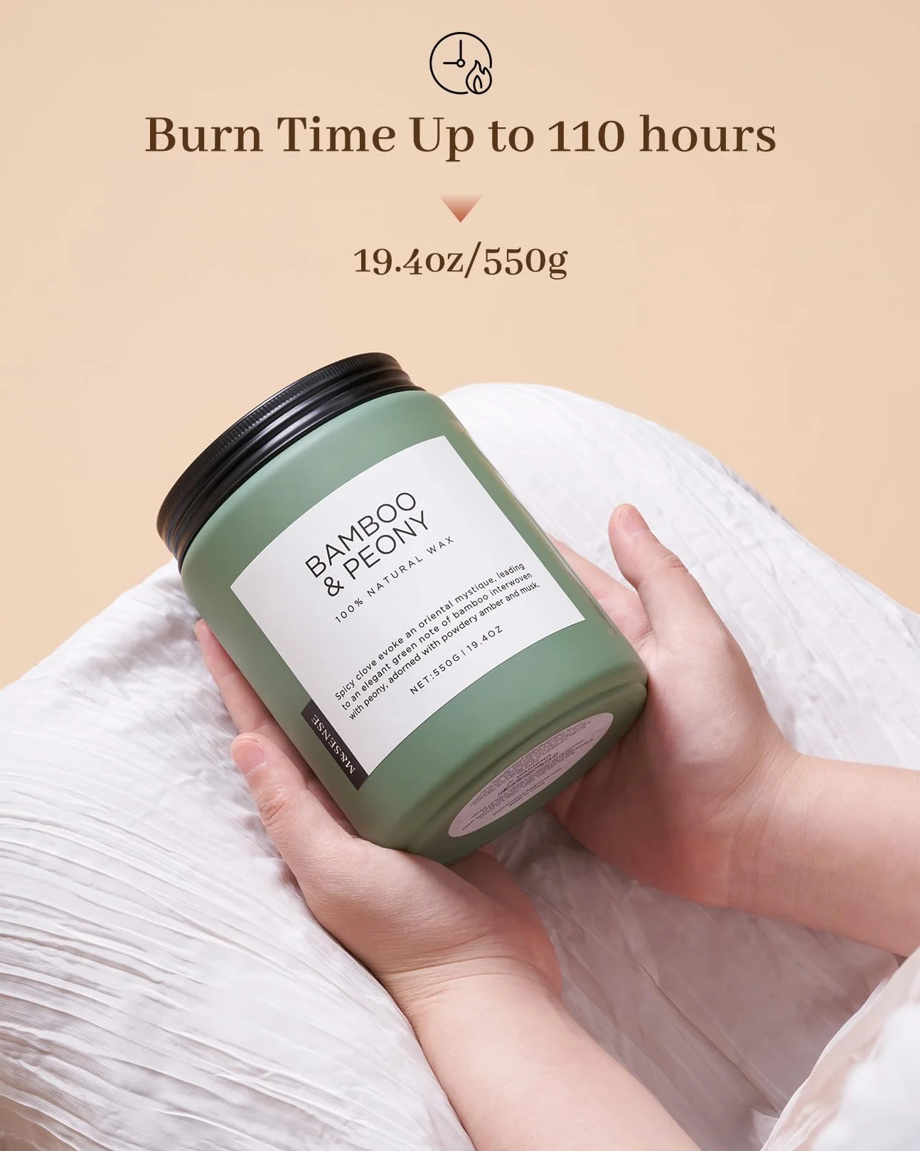 M&SENSE Bambus & Piwonia – Duża Świeca Sojowa (550g, 110h) | Wiosenny, Orzeźwiający Zapach | Naturalna, 2-Knotowa | Idealna na Prezent dla Niej i Relaksującą Aromaterapię