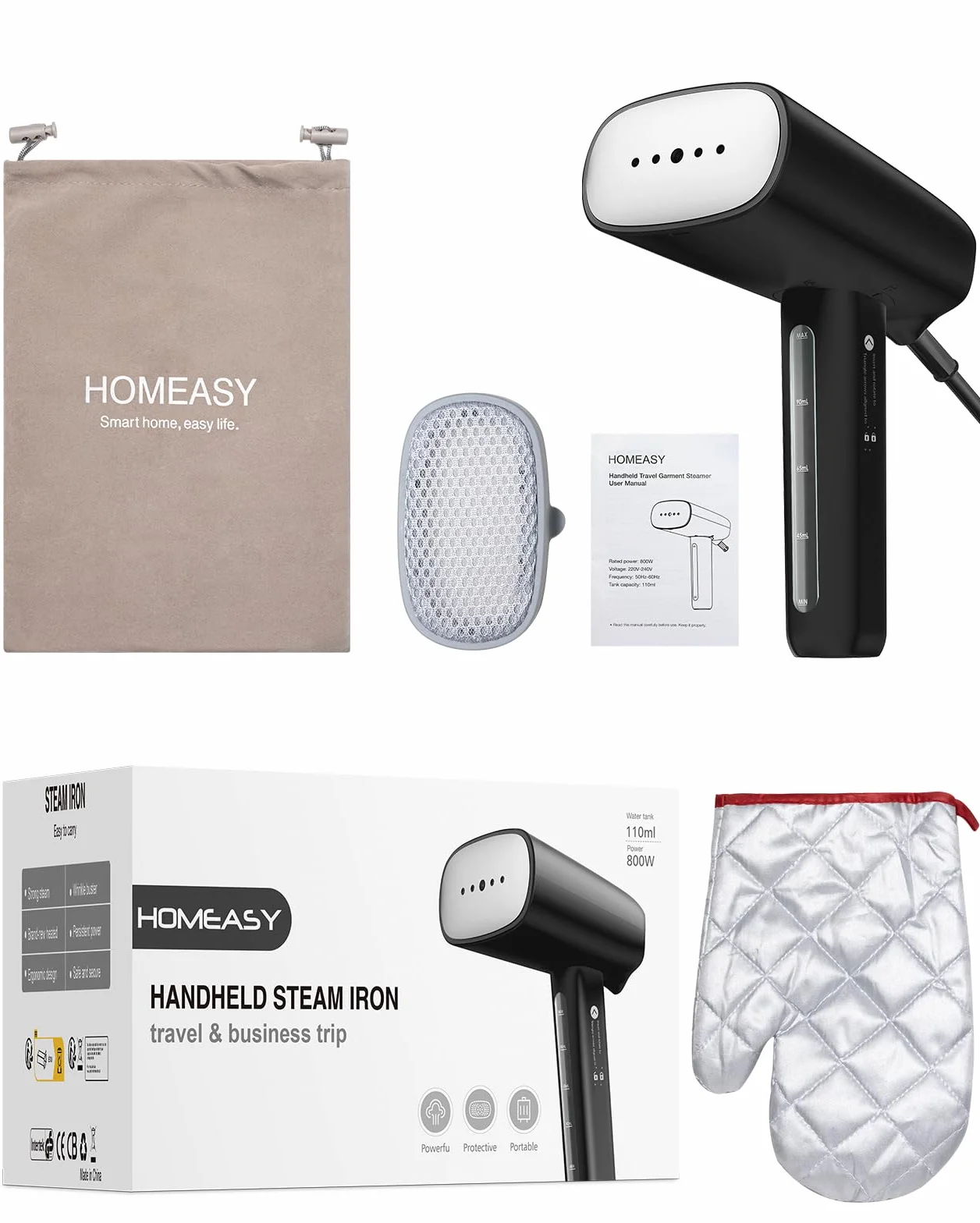 HOMEASY Przenośna parownica do ubrań, parowiec podróżny 800 W, 110 ml, lekka Garment do parowania, szybkie nagrzewanie, aby łatwo usunąć zagniecenia tkaniny, czarny