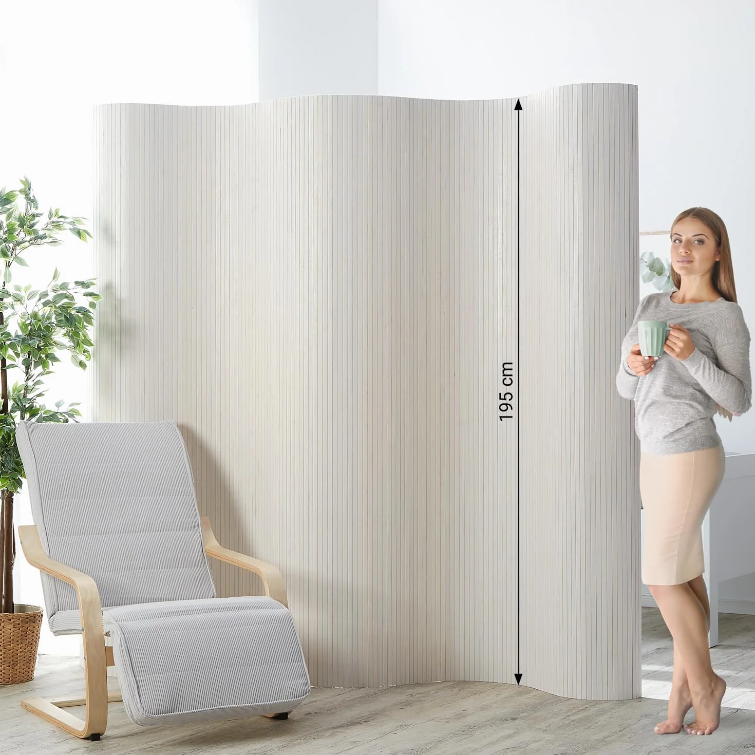 Homestyle4u Parawan przegroda pokojowa wewnętrzna bambus biały 195 cm wysoki separator pokojowy ścianka działowa na kółkach kształt fali osłona wzroku | Artykuł 305