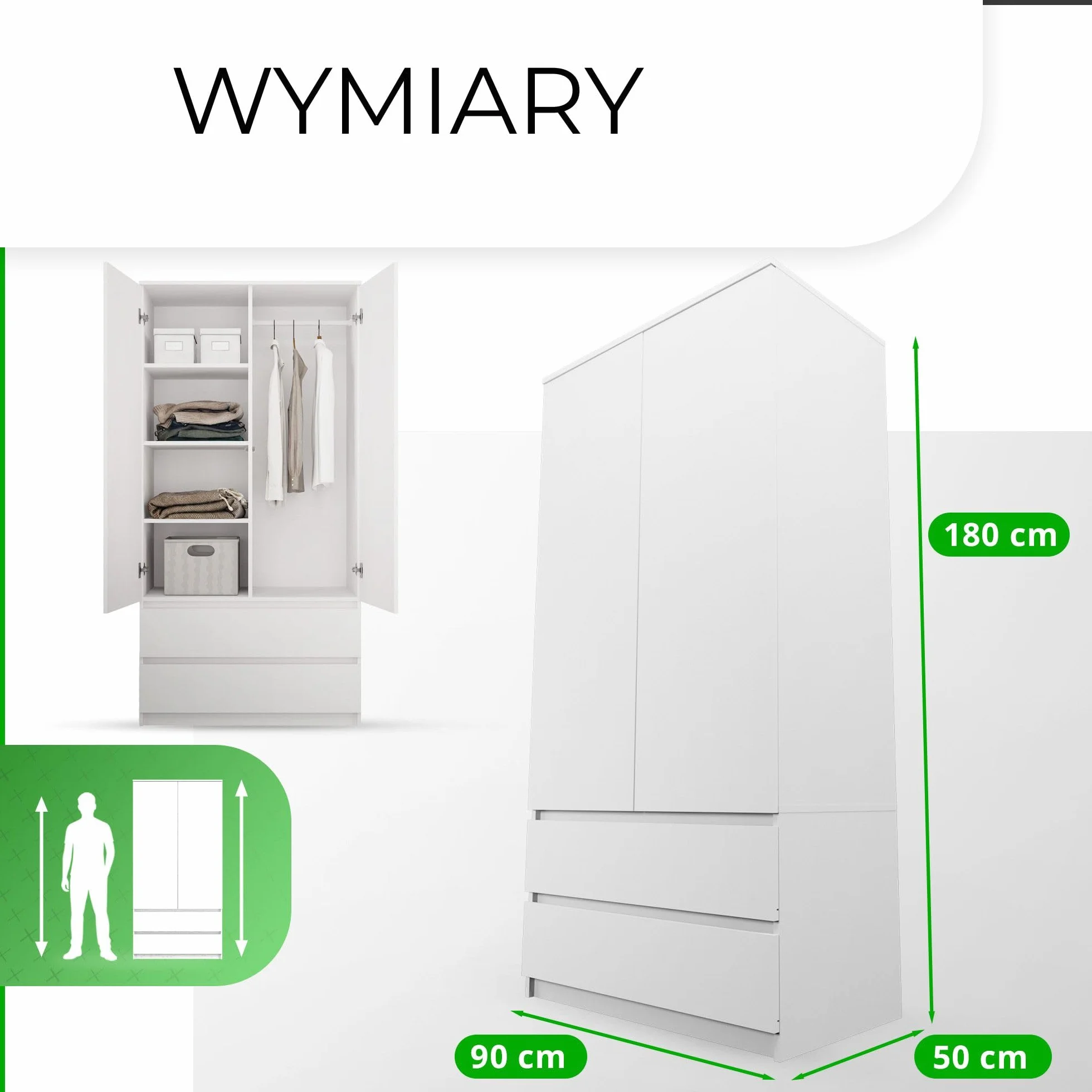 CDF Nowoczesna Szafa do Garderoby 90cm Dwudrzwiowa z 2 Szufladami System TIP-ON Bezuchwytowa Szafka do Sypialni Biura i Przedpokoju Pakowna Konstrukcja Meble - Biel Mat