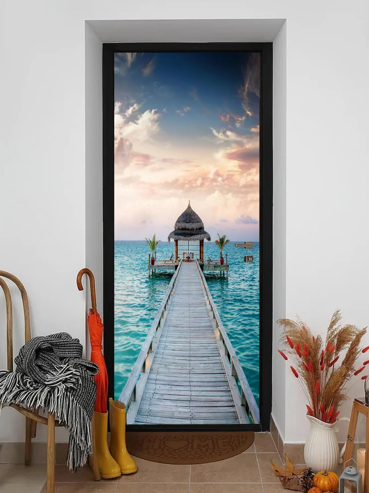 FLFK 3D Most z drewna morskiego samoprzylepne naklejki na drzwi 77 x 200 cm (zestaw 2 arkuszy)-Mural Zdjęcie Naklejka ścienna Naklejka ścienna Salon Sypialnia Wystrój