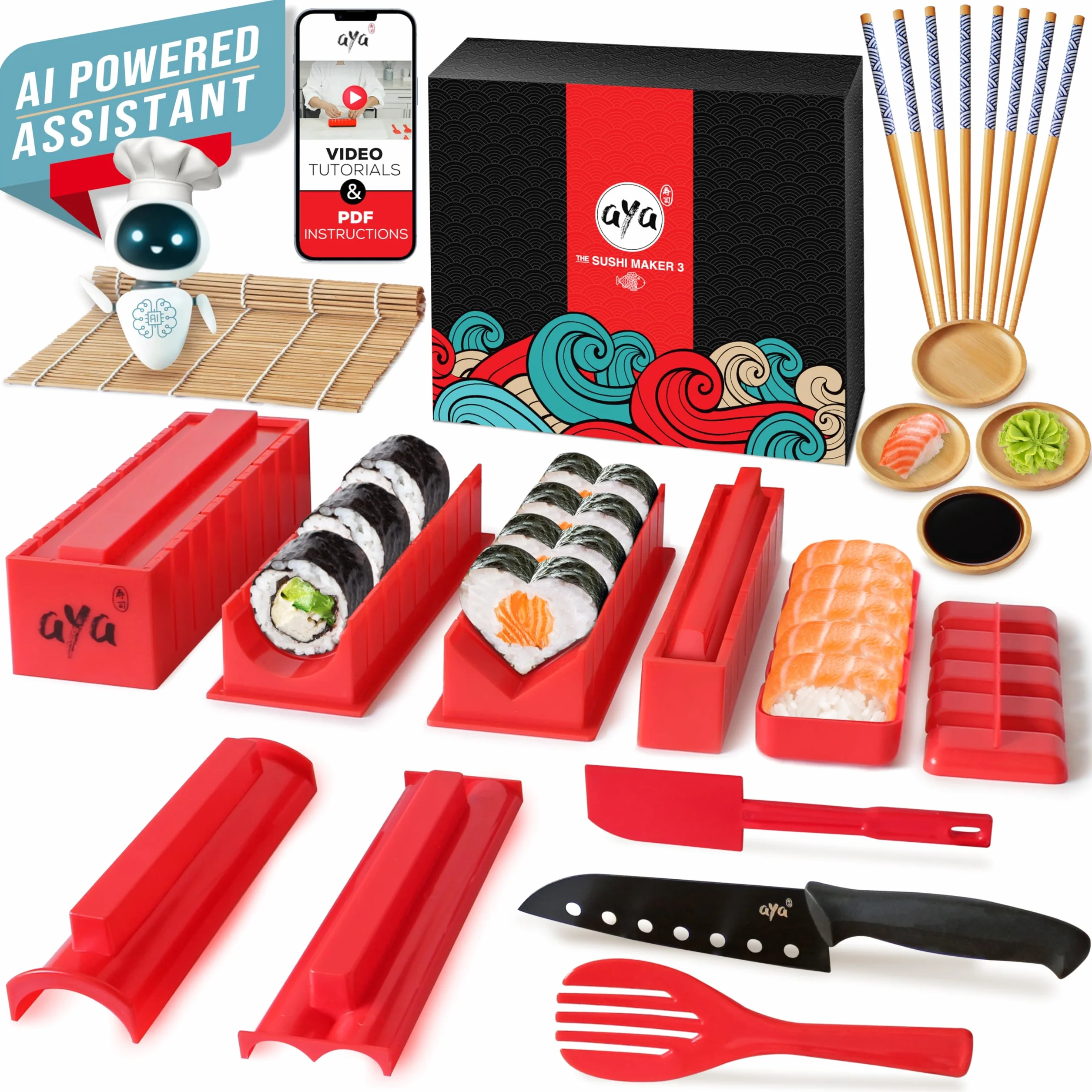 Aya Sushi Maker 3 - Asystent AI - Przepisy - 25 Sztuk - Przybory - Samouczki Wideo - Zestaw Z Nóż i Bambusową Matą - Łatwe i Przyjemne
