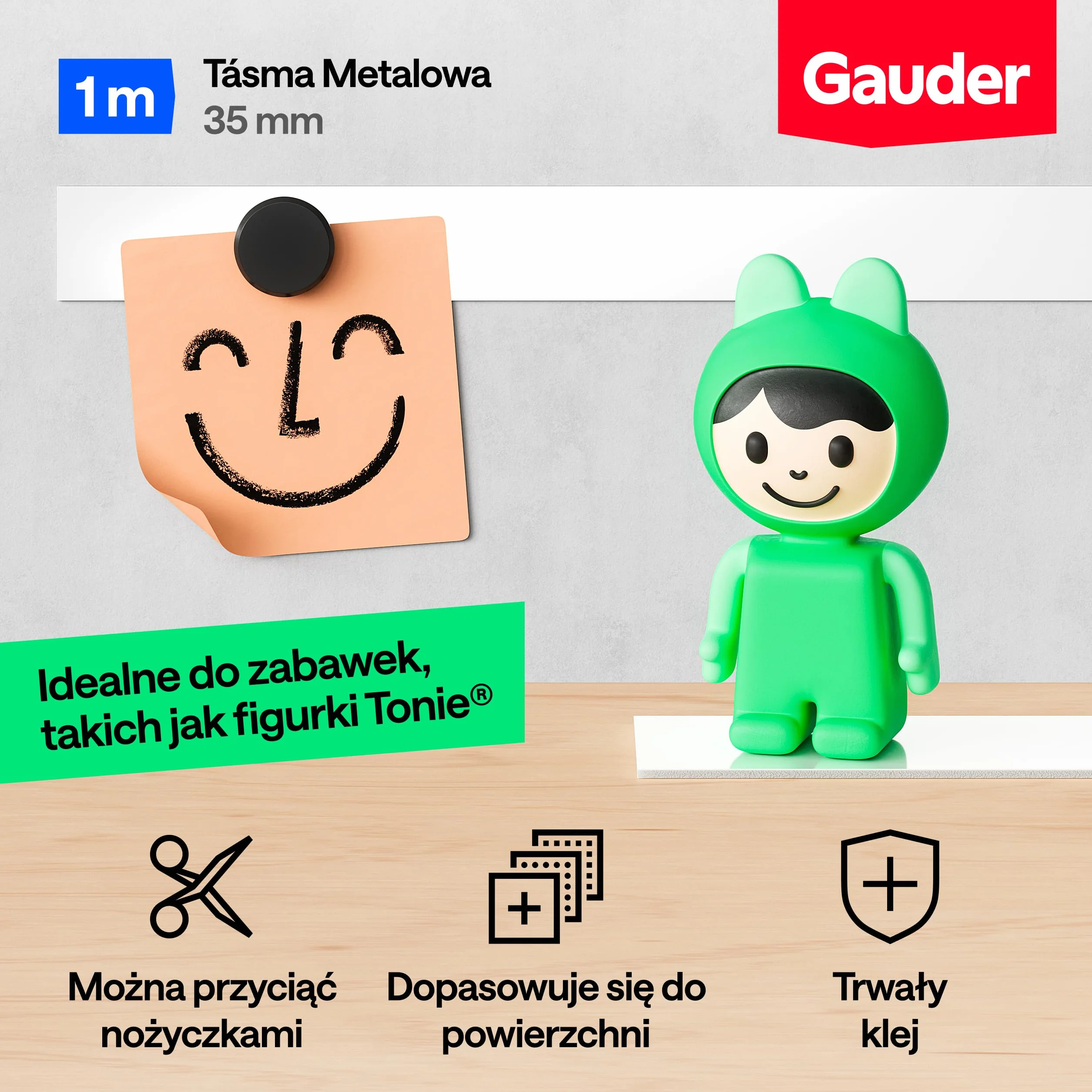 GAUDER Taśma metalowa samoprzylepna mocna - Cienkie paski metalowe z klej piankowy dla magnesów, figurki Tonie® i półek - Taśma ferro (1 m x 35 mm)