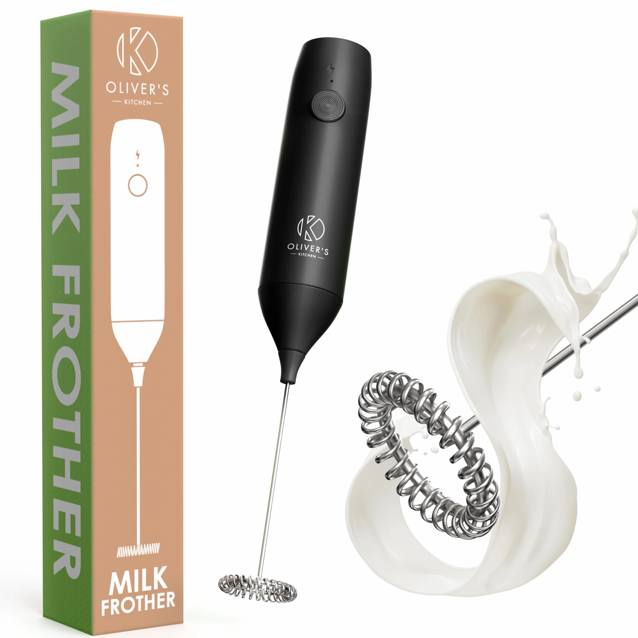 Oliver's Kitchen ® Wysokiej jakości spieniacz do mleka do wielokrotnego ładowania - spieniacz i ładowanie (Black)