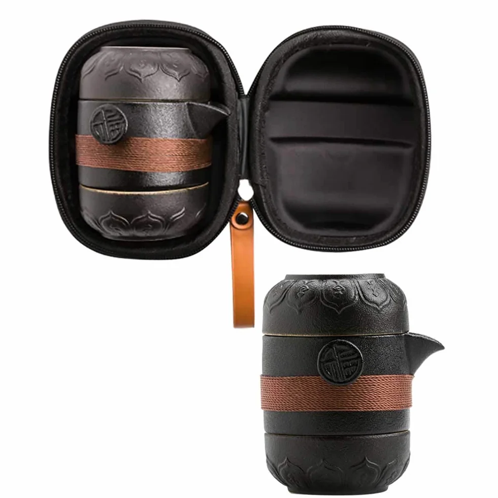 Syfunlv Mini podróżny dzbanek do herbaty ceramiczny, przenośny zestaw do herbaty Kung-Fu z garnkiem i dwoma kubkami, z filtrem do wody do herbaty i workiem do przechowywania na zewnątrz piknik do biura domu