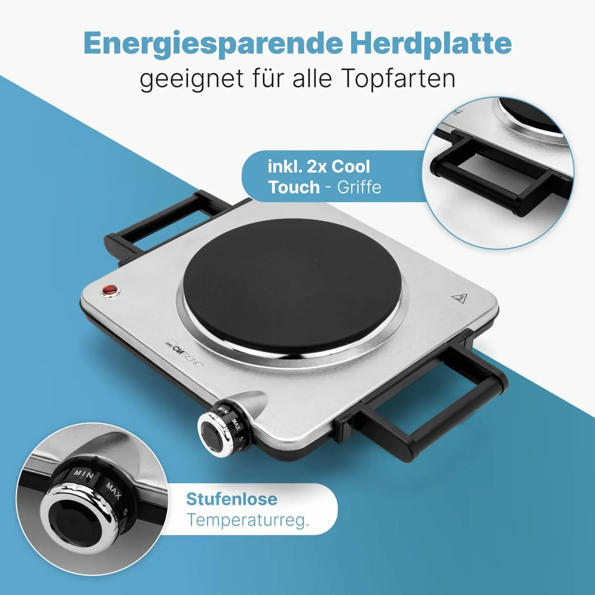 Clatronic® Elektryczna płyta grzewcza o mocy 1500 W, 1 płyta kuchenna do kuchni, biura lub na kemping, elektryczna płyta kuchenna z bezstopniową regulacją temperatury, pojedyncza płyta grzewcza ze