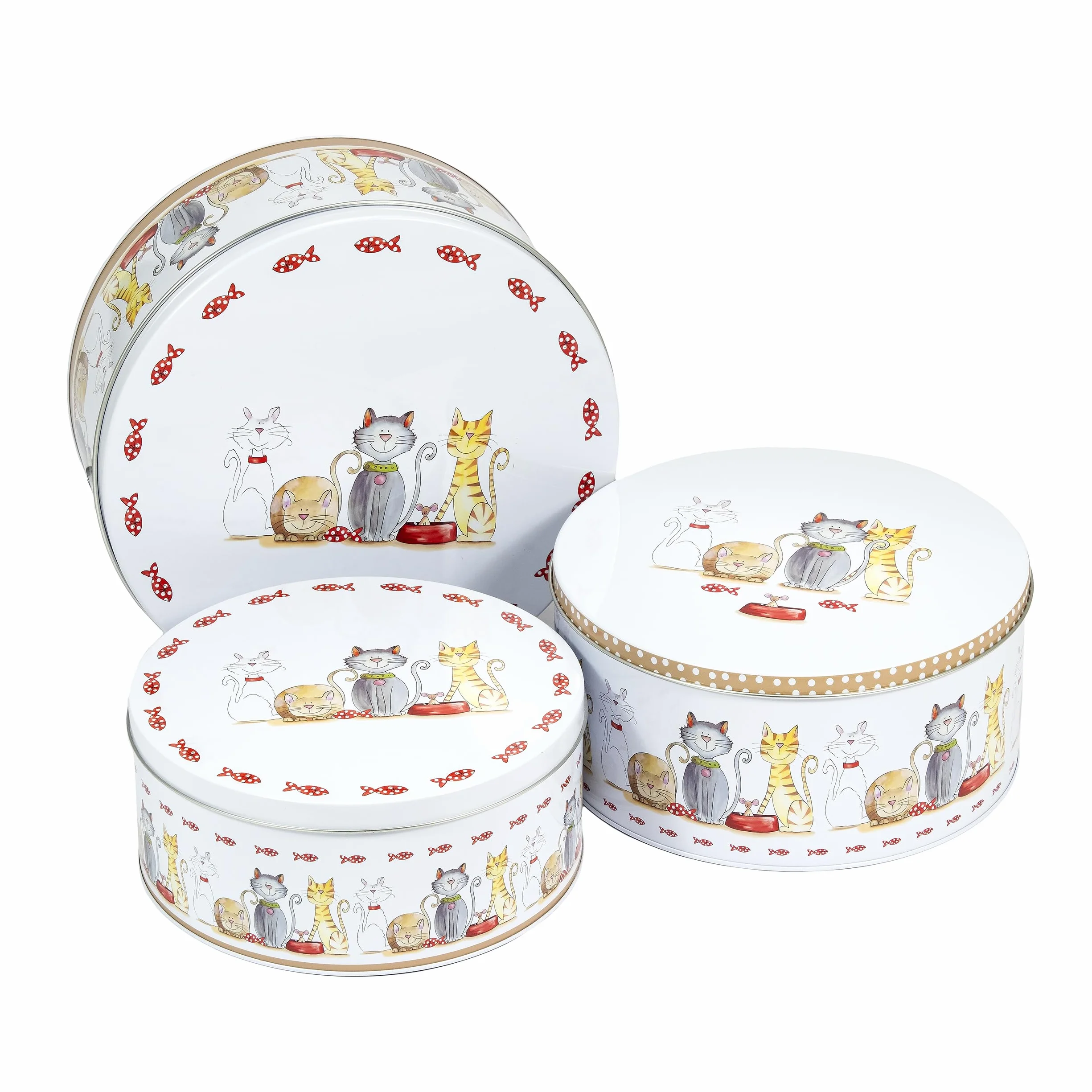 SPOTTED DOG GIFT COMPANY Zestaw 3 puszek do przechowywania ciast, okrągłe, do przechowywania ciast i ciastek, hermetyczne pojemniki na ciastka, urocze koty, duże, średnie, małe