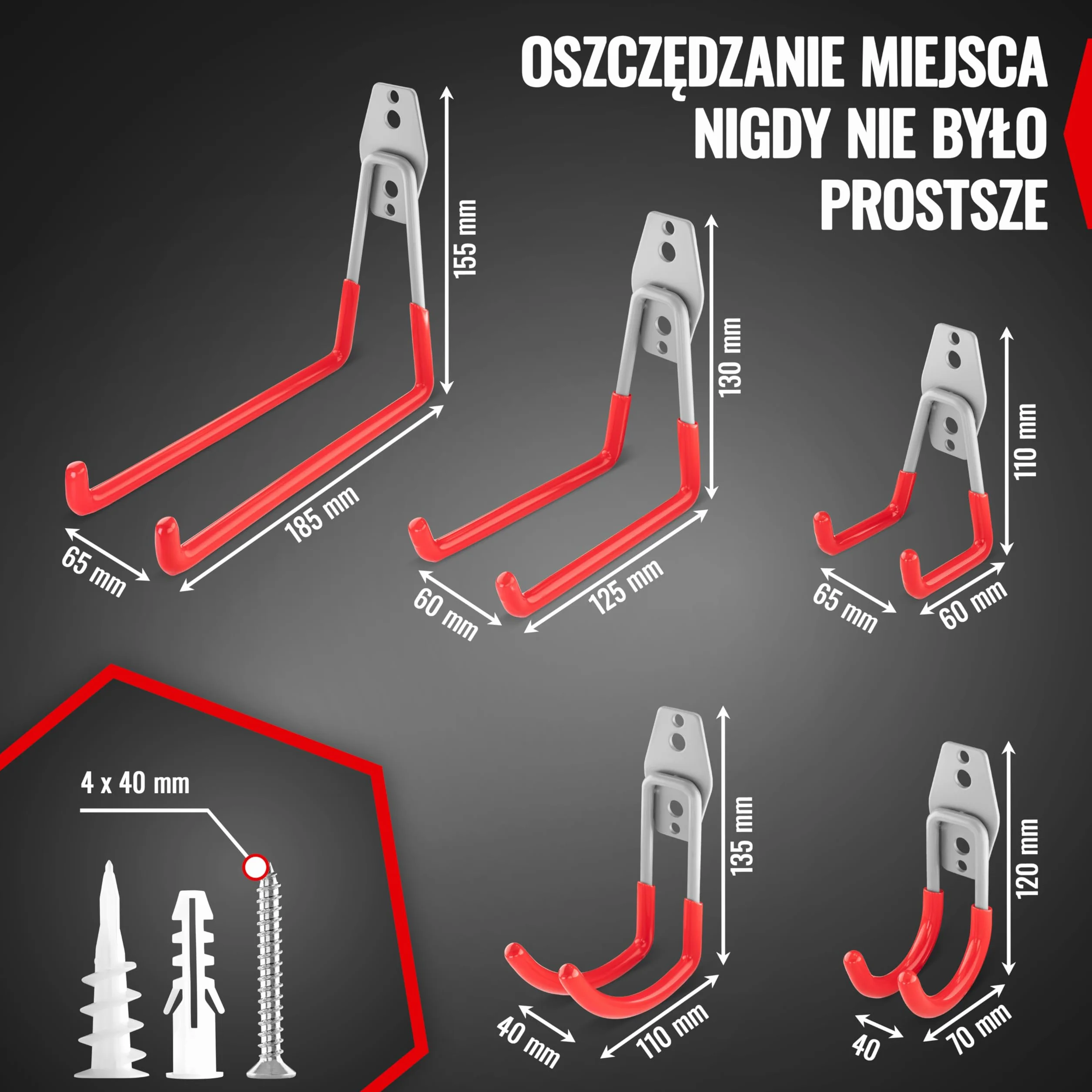 Poppstar 14 haków garażowych, podwójne haki o dużej wytrzymałości, 5 rozmiarów (w kształcie U i J), czerwone