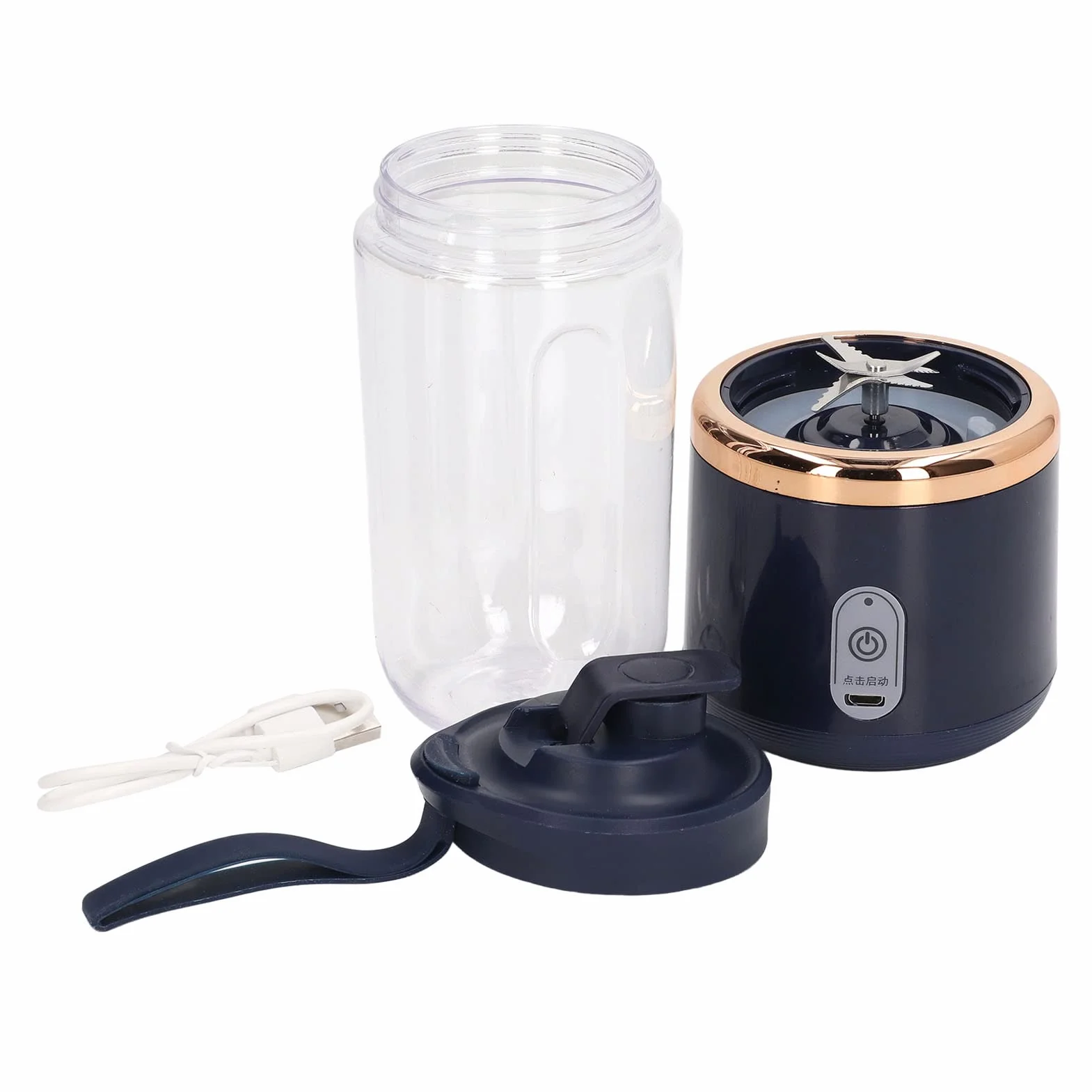 Mini mikser elektryczny, przenośny blender 300 ml, blender owocowy, 1200 MAh, mini ekstraktor do soku ładujący USB z pokrywką, 6 ostrzy do (niebieski, 6 ostrzy, pokrywka)