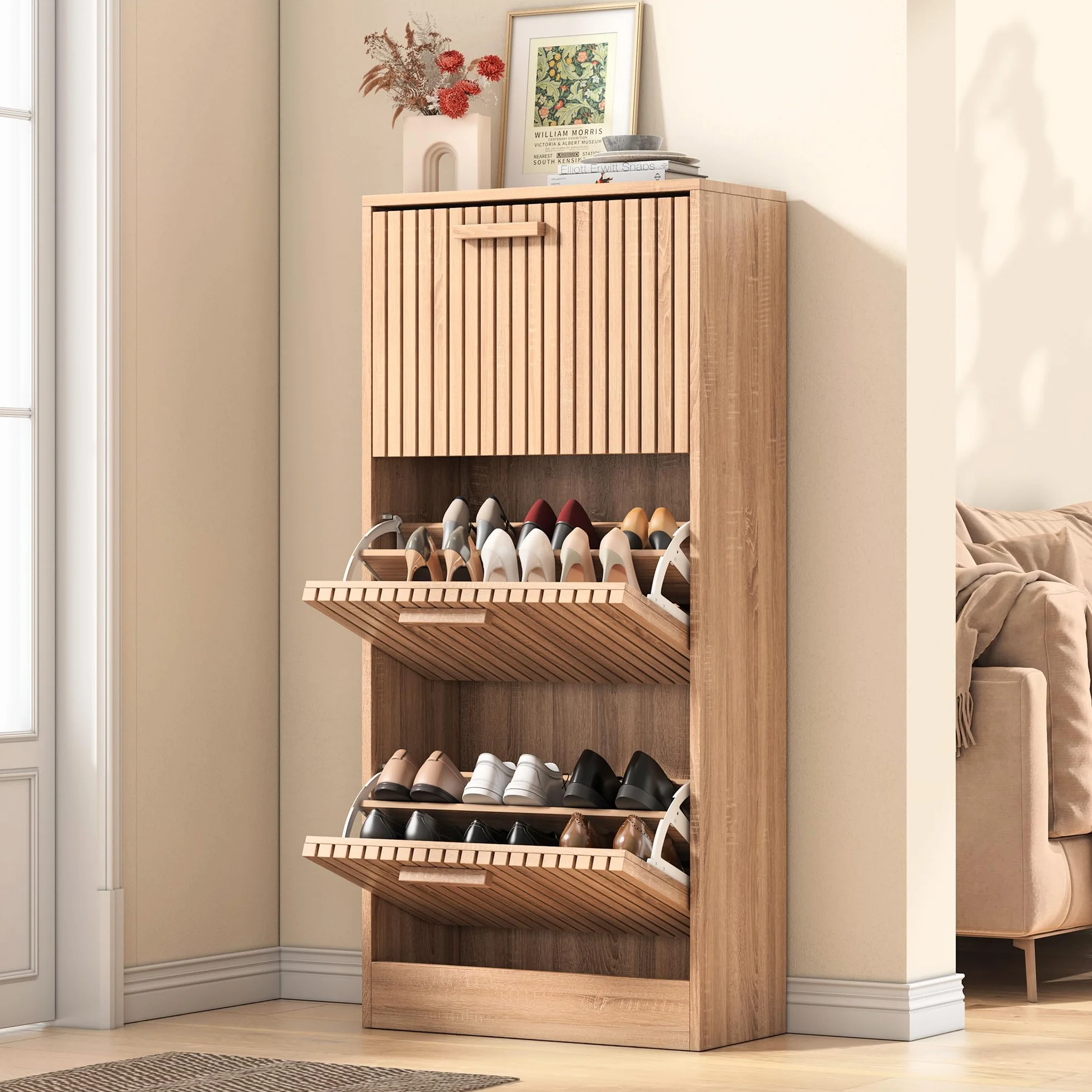 Szafka na buty z rattanu, 60 x 24 x 113 cm, ukryte buty z 3 szufladami, regał na buty z 6 regulowanymi półkami do wejścia, przedpokoju i salonu (szafka na buty, drewniana)