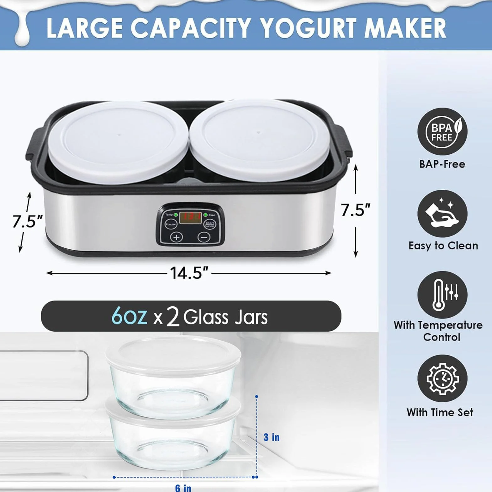 Ejoyous Jogurtownica, Joghurt Maker w Zestawie z 2 Szklanymi Pojemnikami 1000 Ml Automatyczna Regulacja Temperatury Cyfrowy Timer 0-48 Godzin, do Greckiego Jogurtu, Sera (Wtyczka UE 220 V)