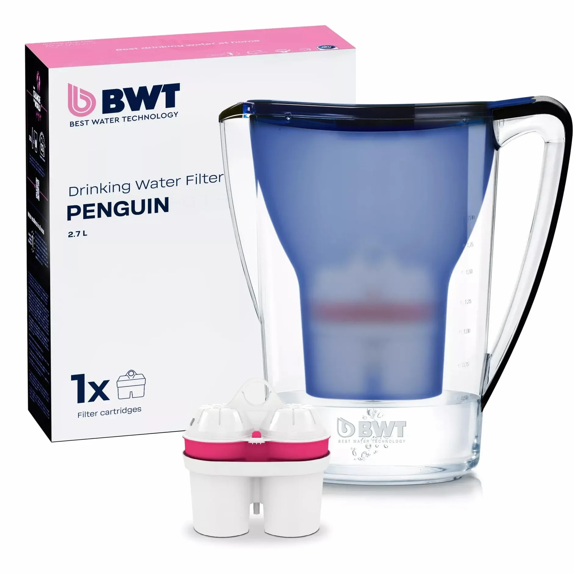 BWT Penguin wraz z filtrem z 1 wkładem filtrującym magnezowym | filtr do wody pitnej | filtruje kamień, chlor, ołów i miedź, dzbanek filtrujący, ciemnoniebieski