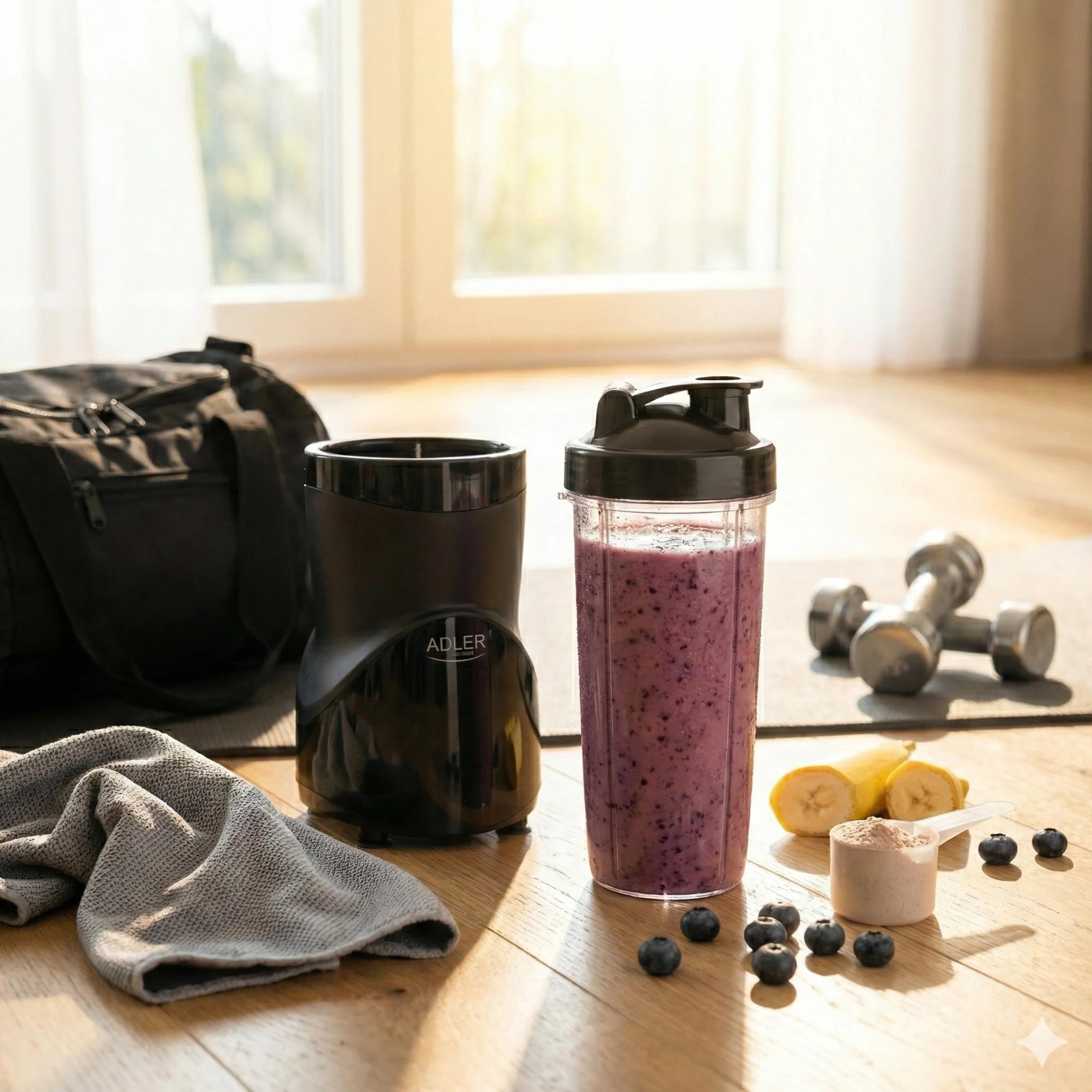 ADLER EUROPE Blender kielichowy, blender do smoothie i do koktajli, mikser personalny, kruszy lód, 1200W, wolne od BPA, 3 bidony i kubek, ostrza ze stali nierdzewnej z 4 nożami i z 2 nożami