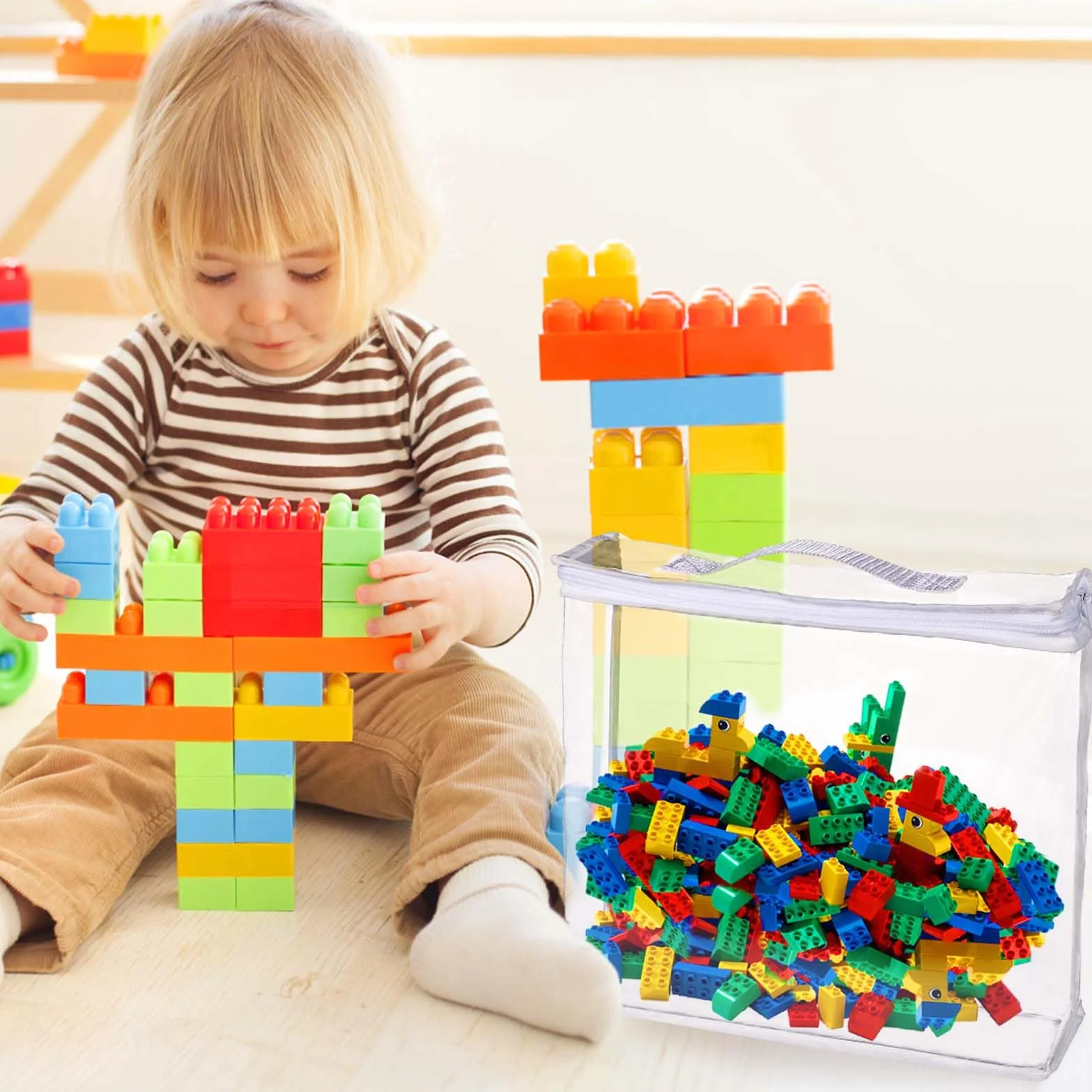 8 szt. Torby do Przechowywania Zabawek z Zamkiem Blyskawicznym, 32x31x8cm Przezroczyste Torby do Przechowywania PVC Torby do Organizowania Zabawek Torby na Zabawki do Klocków Puzzli Zabawek