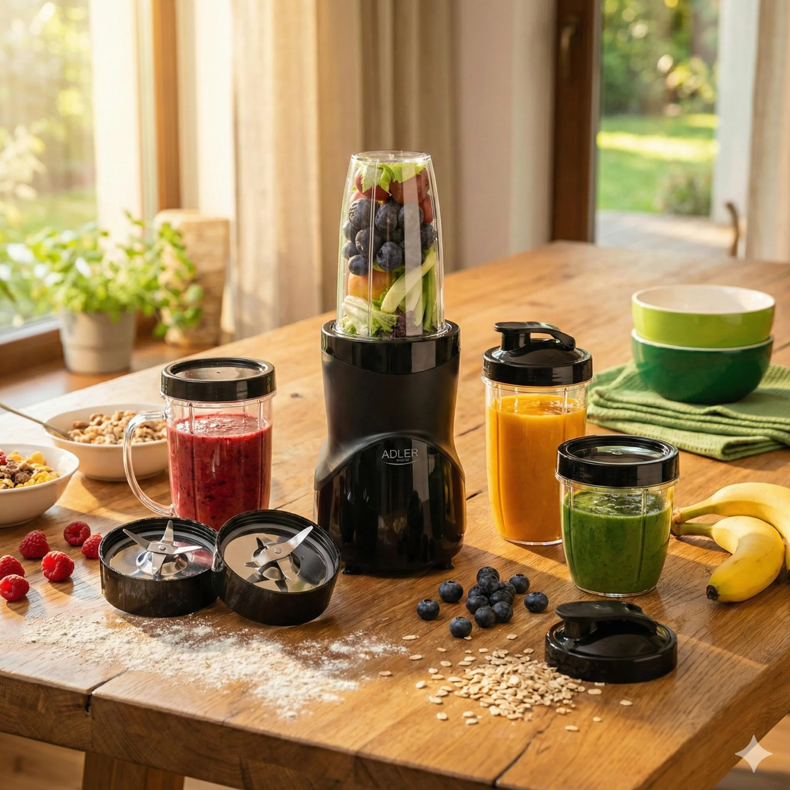 ADLER EUROPE Blender kielichowy, blender do smoothie i do koktajli, mikser personalny, kruszy lód, 1200W, wolne od BPA, 3 bidony i kubek, ostrza ze stali nierdzewnej z 4 nożami i z 2 nożami