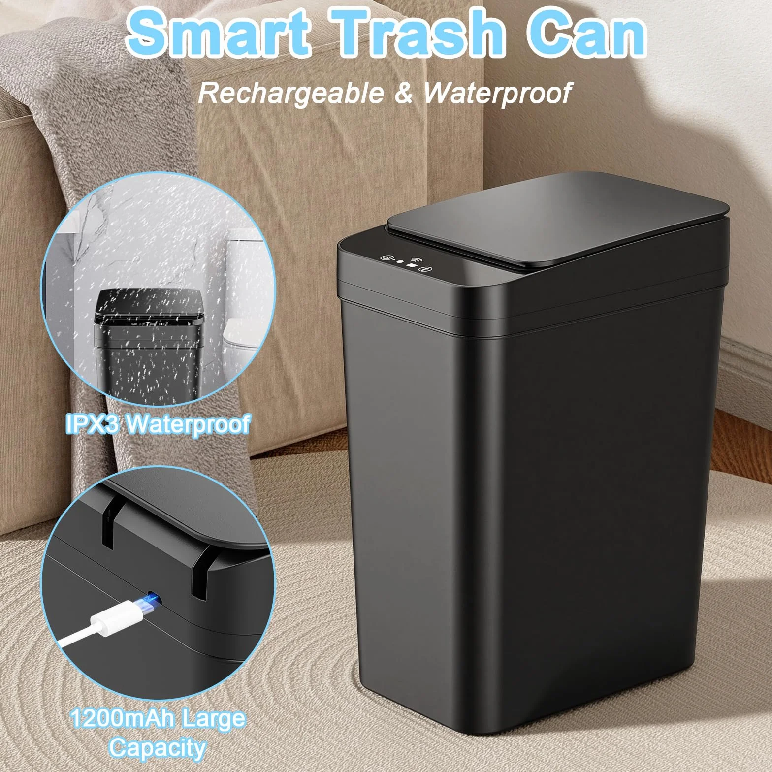 Automatyczny kosz na śmieci 12 l 1200 mAh wodoodporny czarny