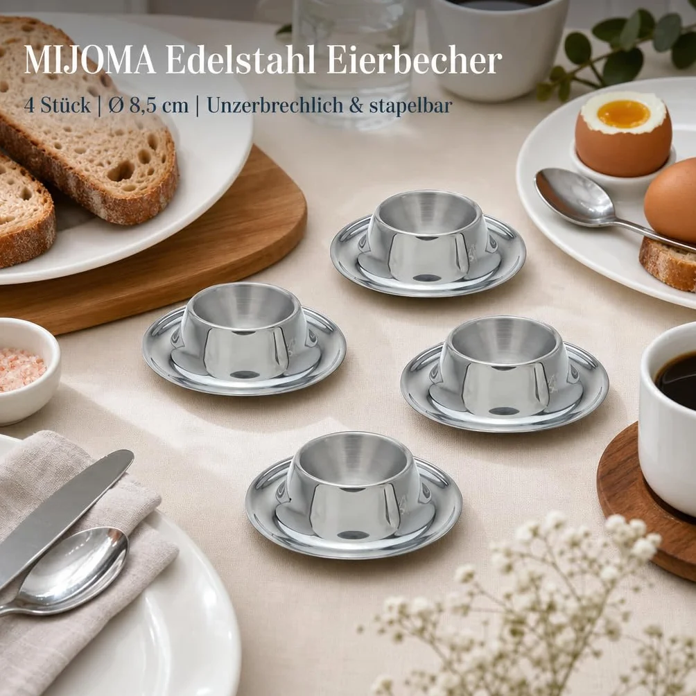 MIJOMA 4 sztuki kieliszków do jajek ze stali nierdzewnej, matowe, nierdzewne i nadające się do mycia w zmywarce, eleganckie i ponadczasowe wzornictwo, trwałe i nietłukące, można układać w stos,