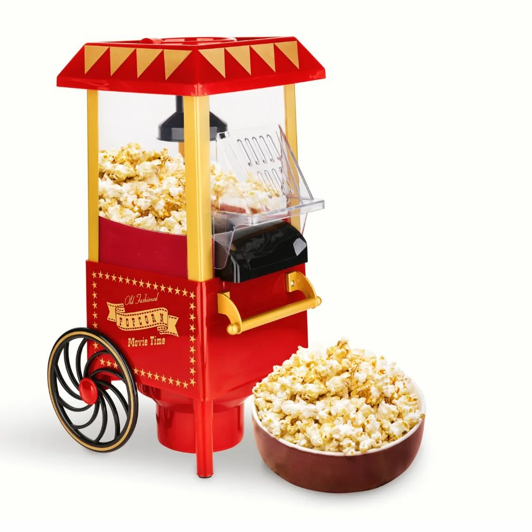 NK Maszyna do popcornu w stylu retro, 1200 W, gorące powietrze, bez oleju, 0,3 l, mała i kompaktowa, szybkie przygotowanie w 2 minuty, do domu, design vintage (czerwona)