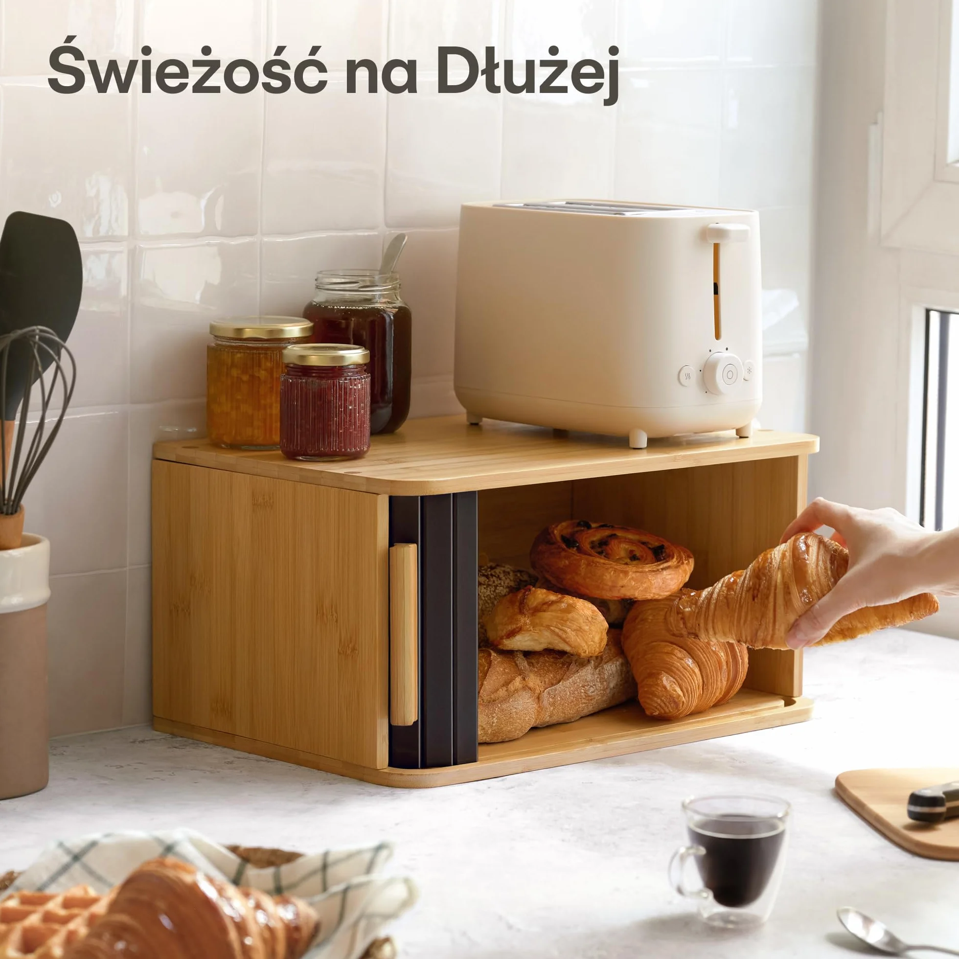 Bambusowy Pojemnik Na Chleb Duży - Fsc® Z Przesuwanymi Drzwiczkami - Przechowywanie Pieczywa 40 x 28cm - Oszczędza Miejsce - Dłużej Zachowuje Świeżość - Czarny