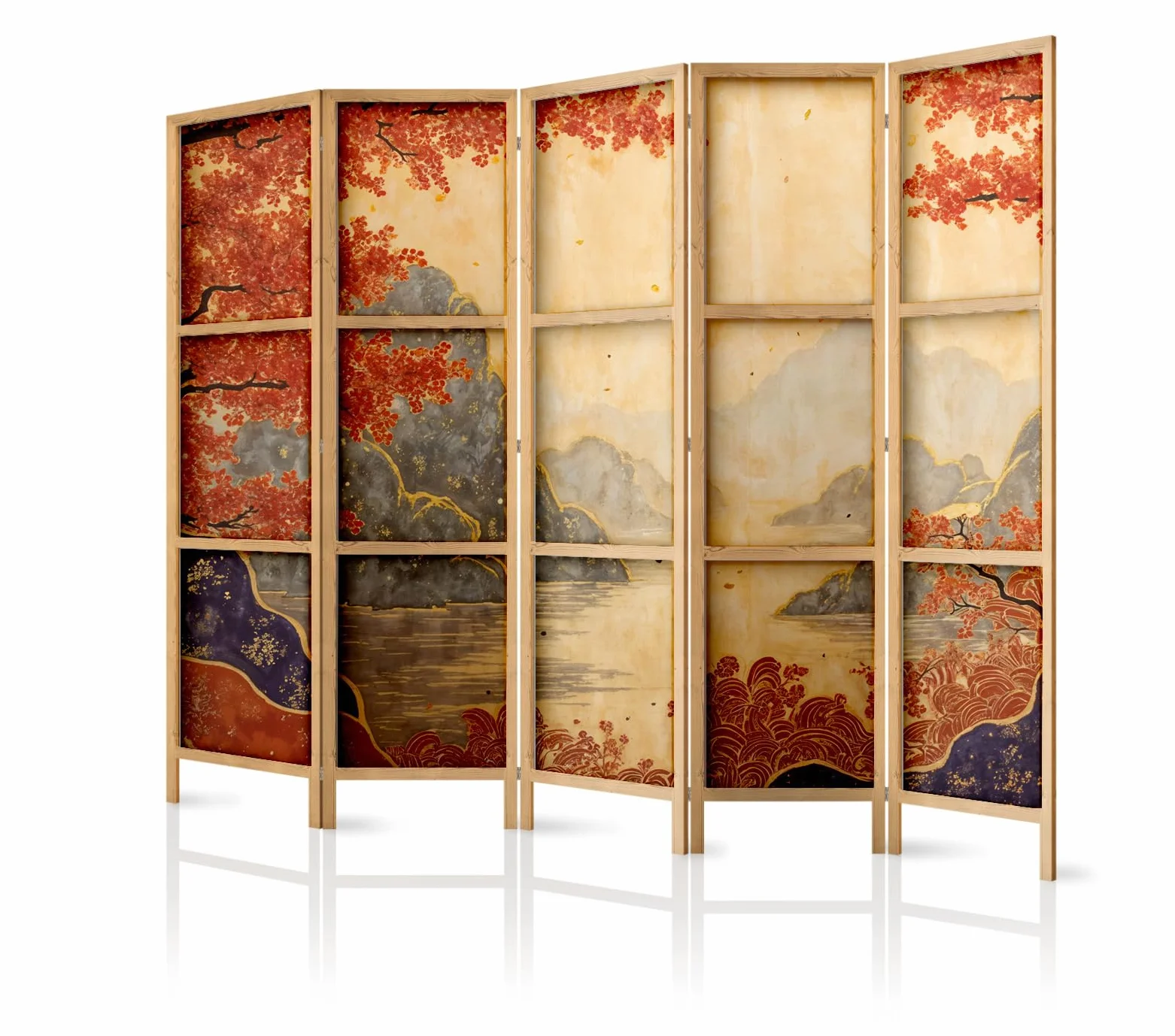 Parawan parawan z drewna 225 x 172 cm, 5-częściowy, jednostronny, w orientalnym stylu
