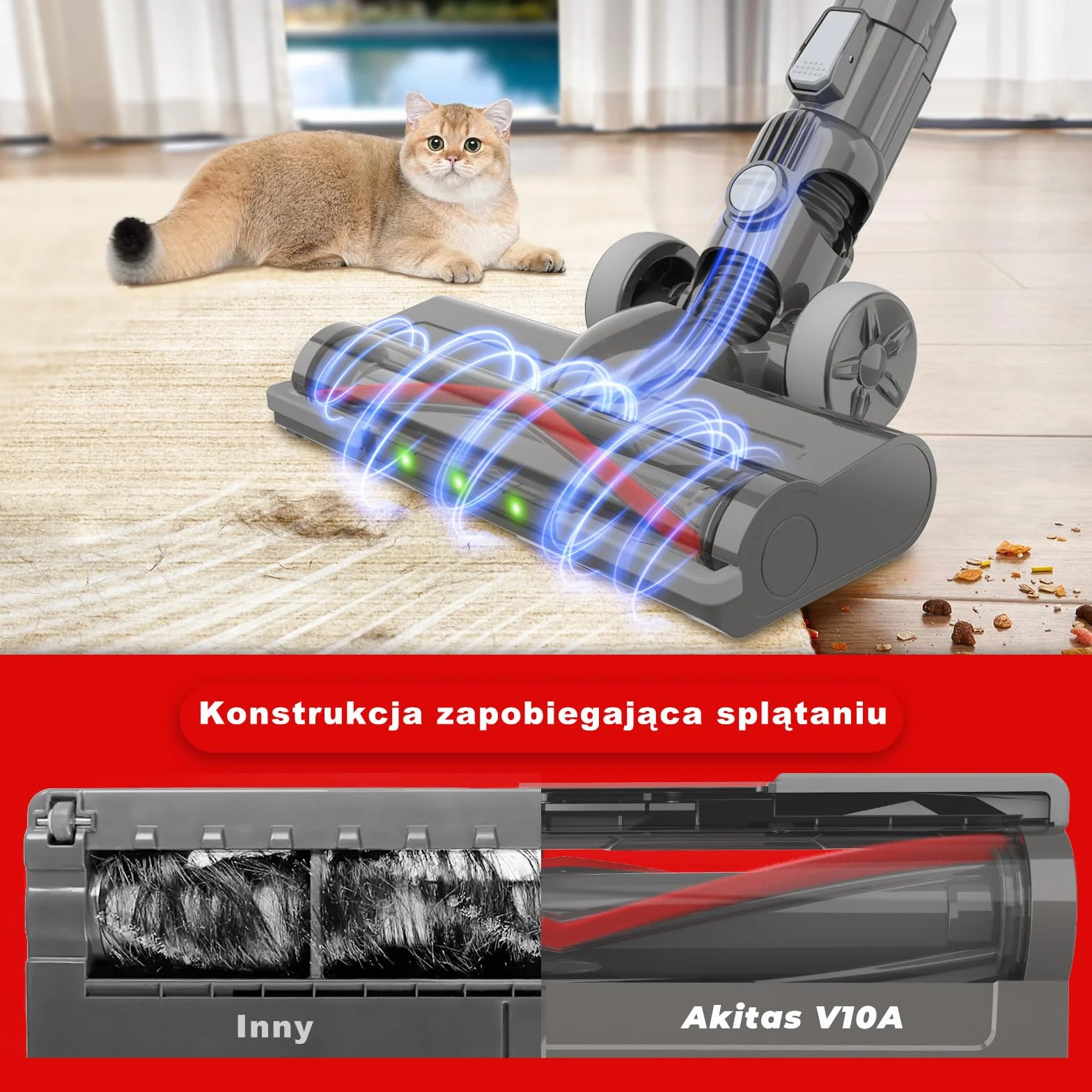 Akitas V10A Bezprzewodowy Odkurzacz 450W BLDC, 45 kPa, 60 min Pracy, Lekki Pionowy i Ręczny z LED Power Brush, Anti-Tangle, do Dywanów, Twardych Podłóg i Sierści Zwierząt