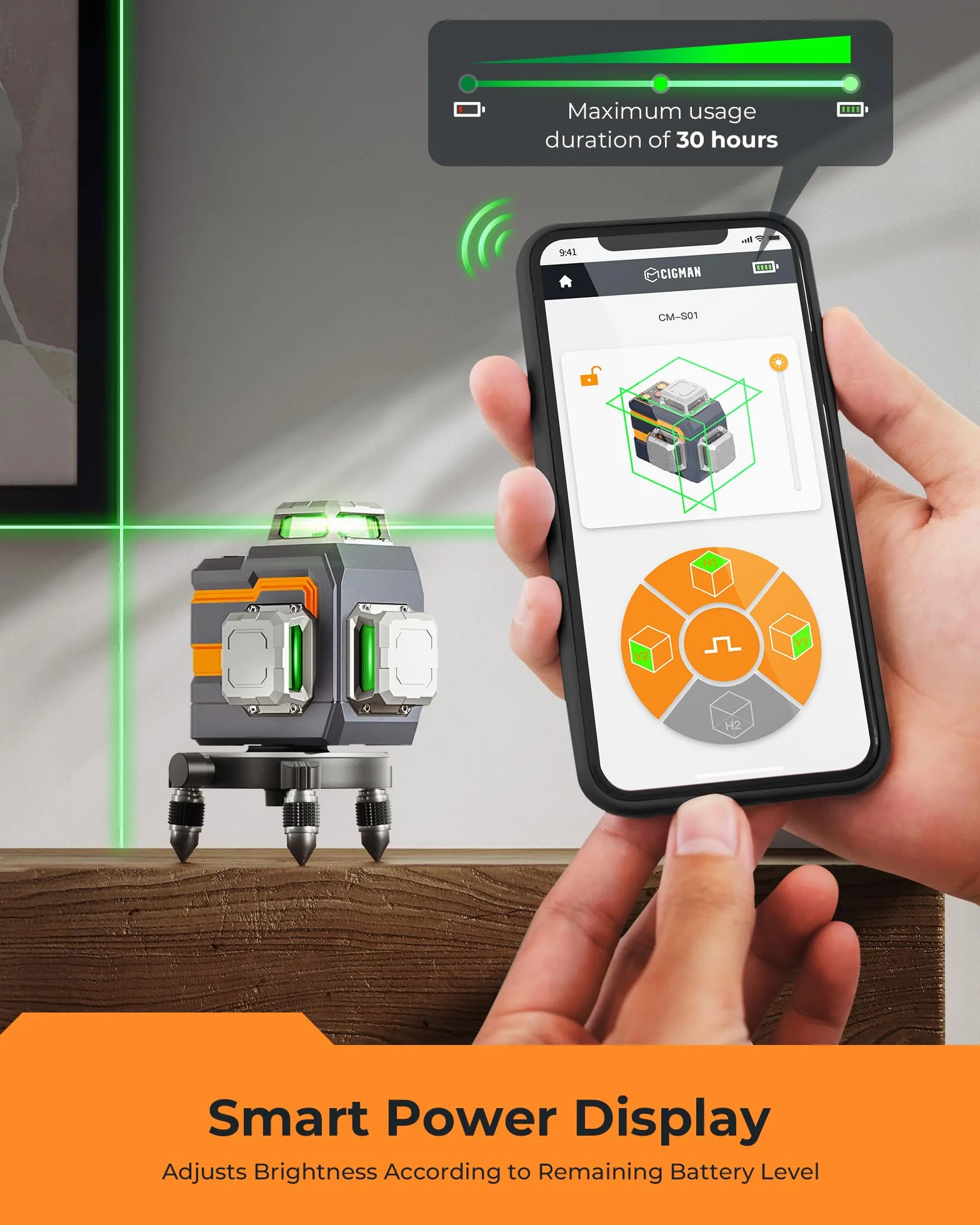 Laser krzyżowy, Cigman App Inteligentna kontrola 3x360 stopni samodzielna laserowa skala wody laserowej, z akumulatorami litowymi, laserowym laserowym zielonym laserowym zielonym do użytku (CM-S01)