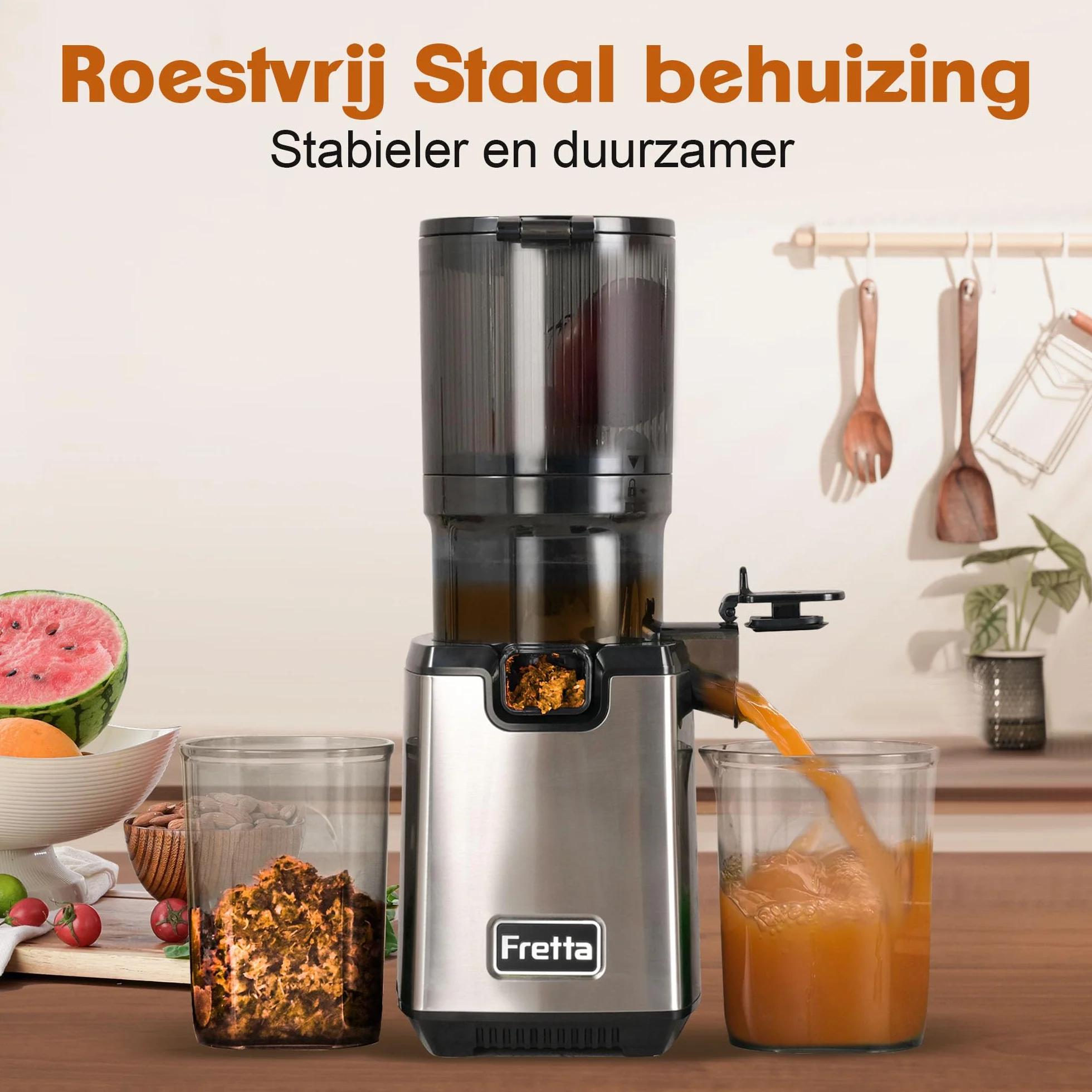 Fretta Wyciskarka wolnoobrotowa Slow Juicer, zwycięzca testu, otwór 135 mm i wyciskarka do soków 1,8 l z funkcją odwrócenia, łatwy montaż i czyszczenie, w 100% wolna od BPA, 250 W (Srebrny Metaliczny)
