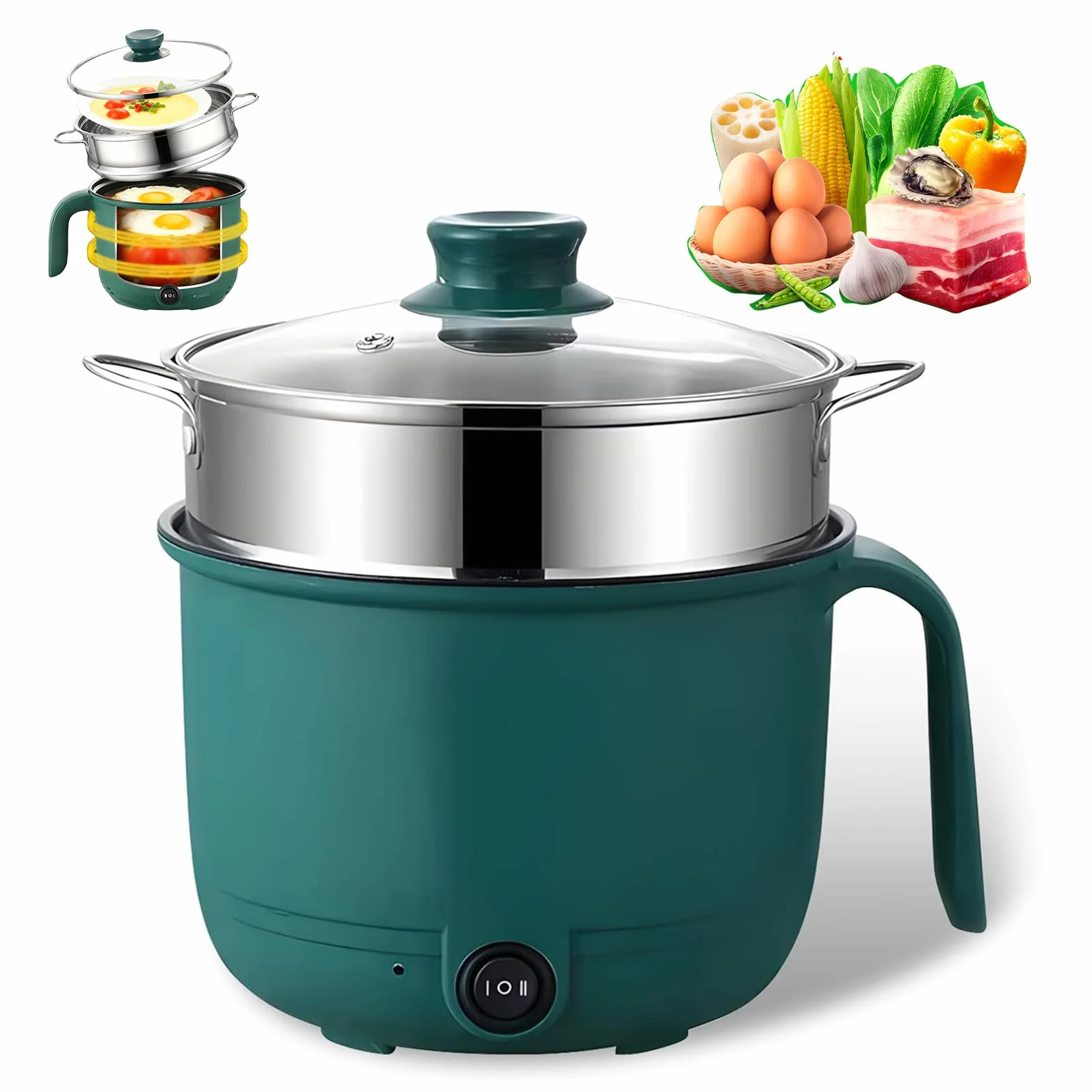 Elektryczny garnek Hot Pot, 1,5 l, mały, elektryczny garnek do gotowania z koszem na parze ze stali nierdzewnej, 600 W, przenośny, szybki do gotowania makaronu, wielofunkcyjna patelnia do domu, biura