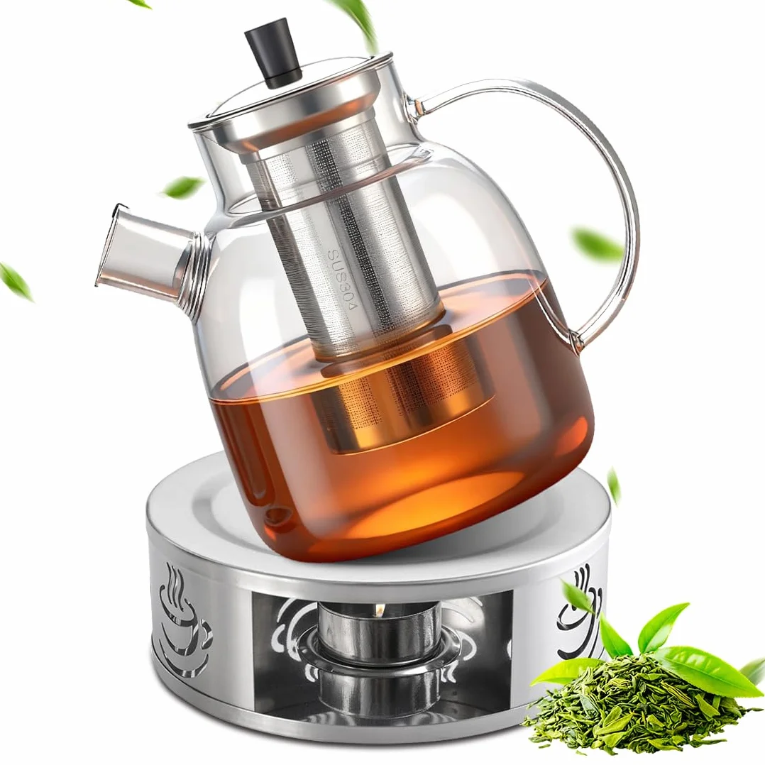 Dzbanek do herbaty z podgrzewaczem, 1800 ml, szklany dzbanek do herbaty z sitkiem ze stali nierdzewnej i pokrywką, odporny na wysokie temperatury, dzbanek do kawy, szkło borokrzemowe, zaparzacz do