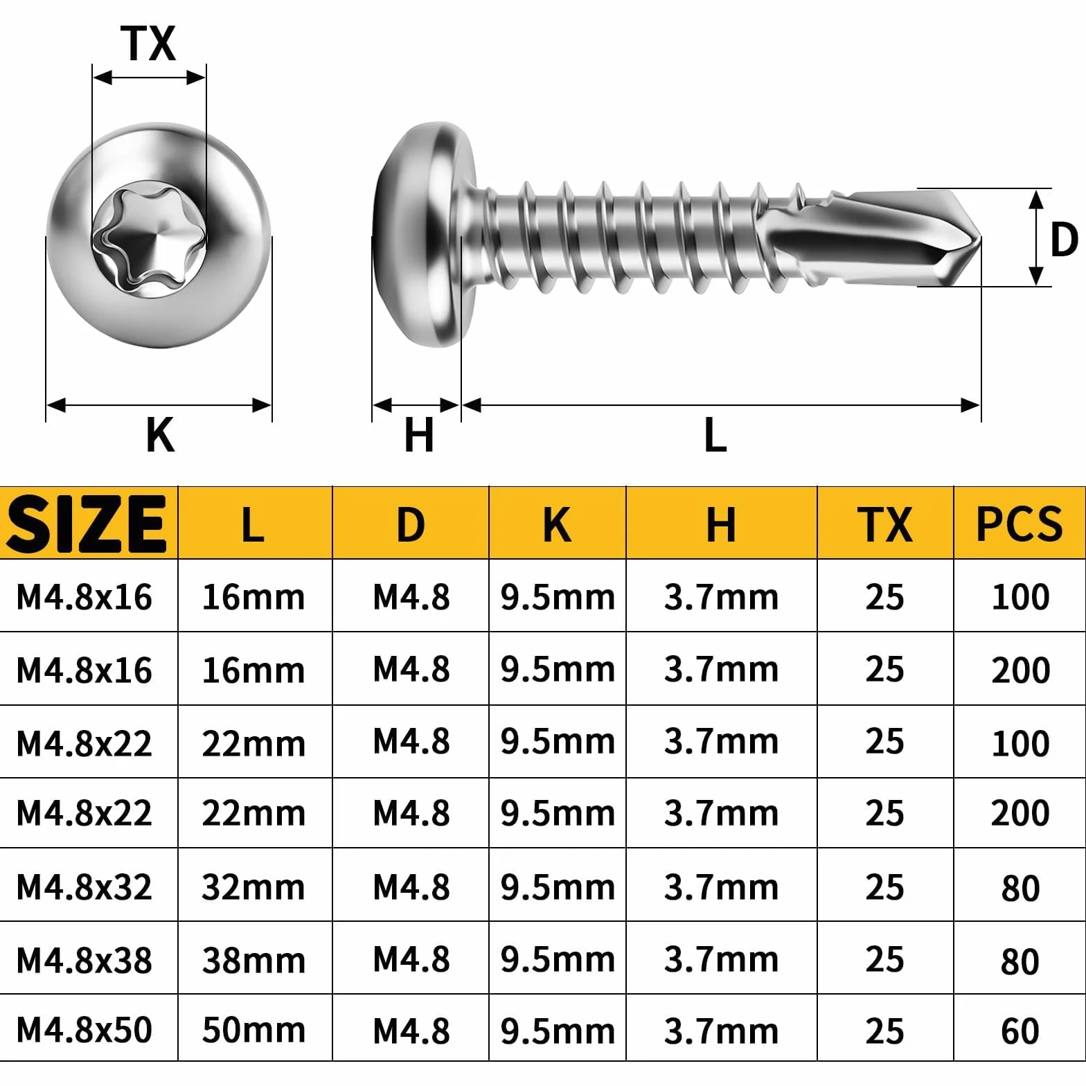 60 sztuk 410, wkręty samowiercące, z łbem soczewkowym, M4,8 x 50 mm, z łbem okrągłym, samowiercące, stal nierdzewna, metalowe śruby dachowe