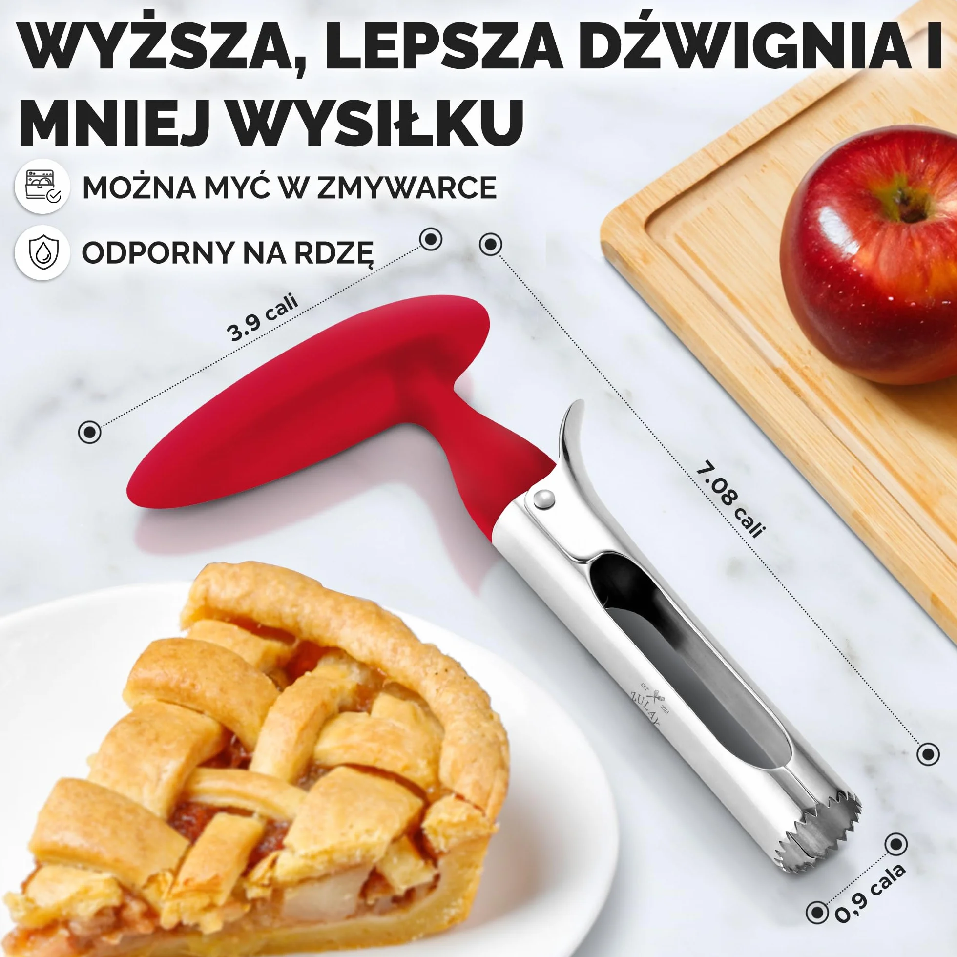 Zulay Premium Corer do jabłek, łatwy w użyciu, trwały, do jabłek, gruszek, papryki, stal nierdzewna, czerwony