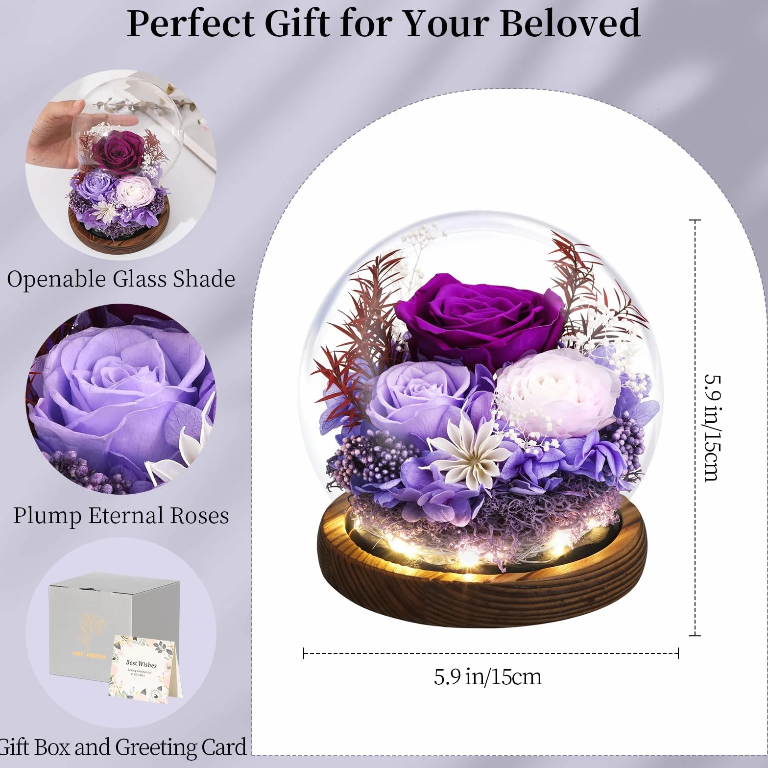 Emibele Mother's Day Eternal Rose Gifts for Mom, Preserved Real Rose in Glass Dome with LED Light for Decoration, Flowers for Delivery Prime, Gifts for Women Wife Her on Birthday Anniversary, Purple
