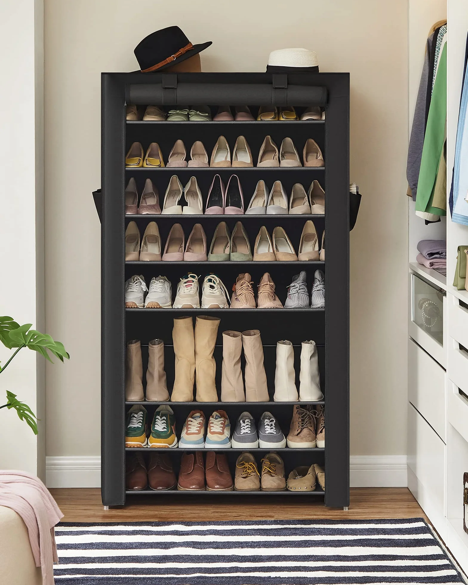 SONGMICS regał na buty z 10 poziomami, z odporną na kurz powłoką, szafka na buty, do 40 par butów, do salonu, korytarza, 88 x 28 x 160 cm, czarny RXJ36HV1