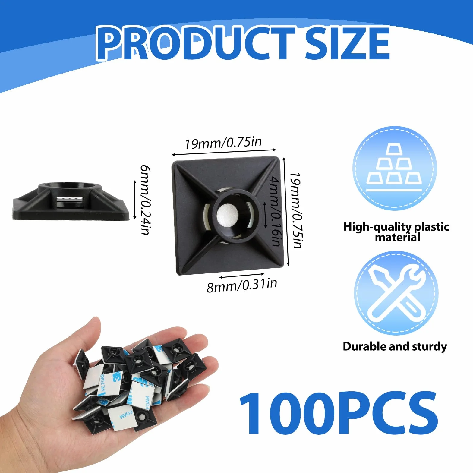 100 sztuk samoprzylepnych uchwytów na kabel, 19 mm x 19 mm podstawka montażowa na kabel, podstawka śrubowa i podkładki klejące, zestaw uchwytów na kable w kolorze czarnym do bezpiecznej organizacji