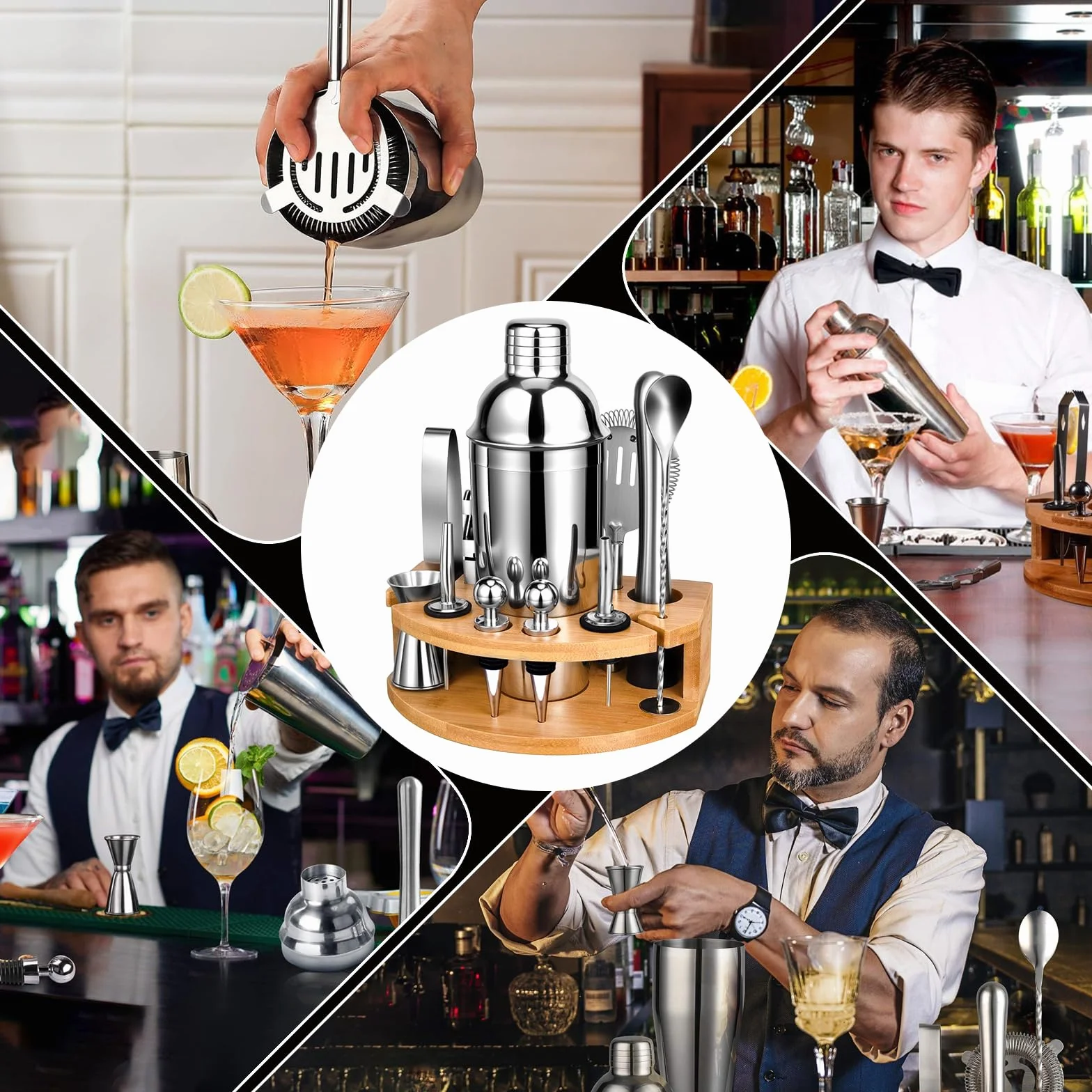 Zestaw Shaker do Koktajli, 12 Elementów ze Stali Nierdzewnej, Zestaw Akcesoriów Barowych, 750ml Shaker do Koktajli, Zestaw Mikserów do Koktajli, z Drewnianą Podstawą do Domu Lub Baru