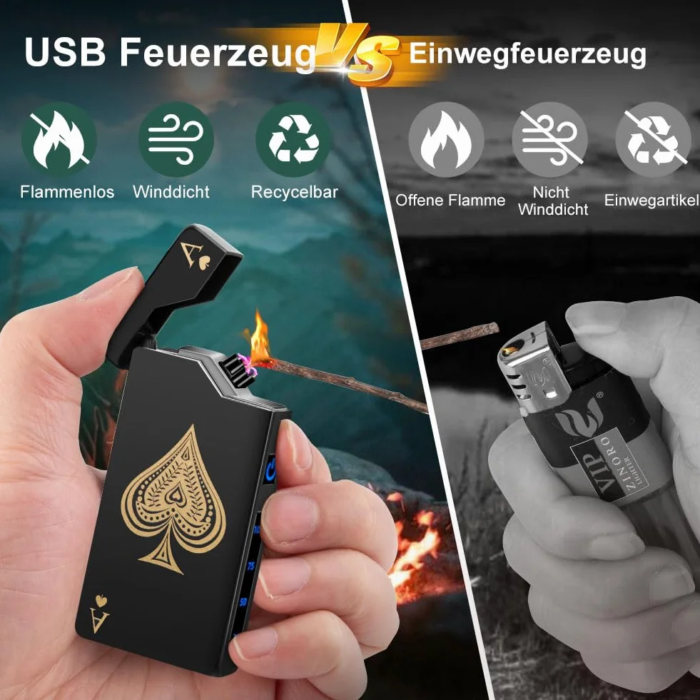 LcFun Prezenty dla mężczyzn, na Boże Narodzenie, zapalniczka elektryczna, ze wskaźnikiem baterii, łuk świetlny, ładowana przez USB C, wiatroszczelna, zapalniczka plazmowa (czarna Ace)