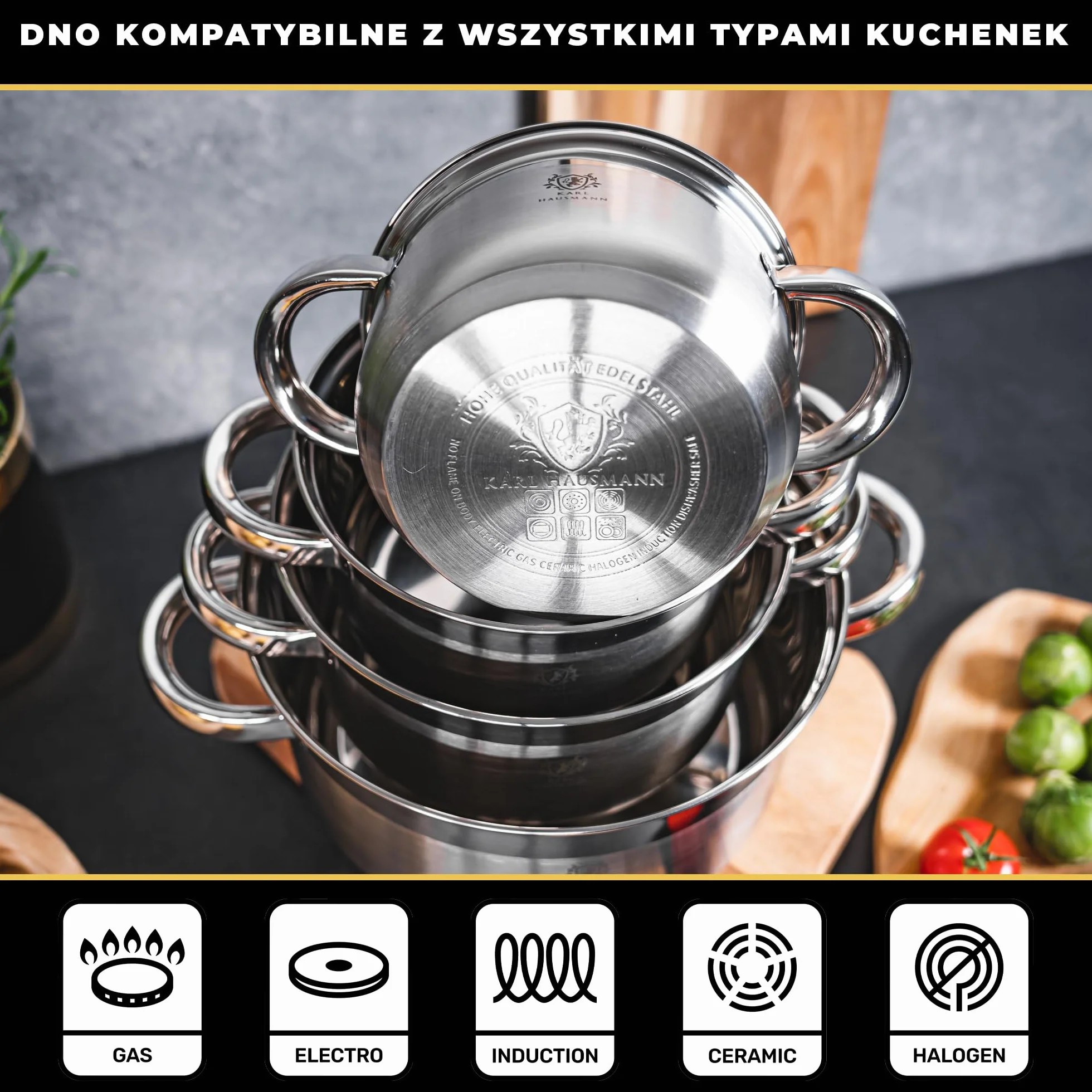 KARL HAUSMANN Zestaw 4 Garnków ze Stali Nierdzewnej z Pokrywkami z Termometrem - Garnki na Wszystkie Kuchenki, w tym Indukcję - Do Mycia w Zmywarce - Skala Wewnętrzna - 4 Rozmiary