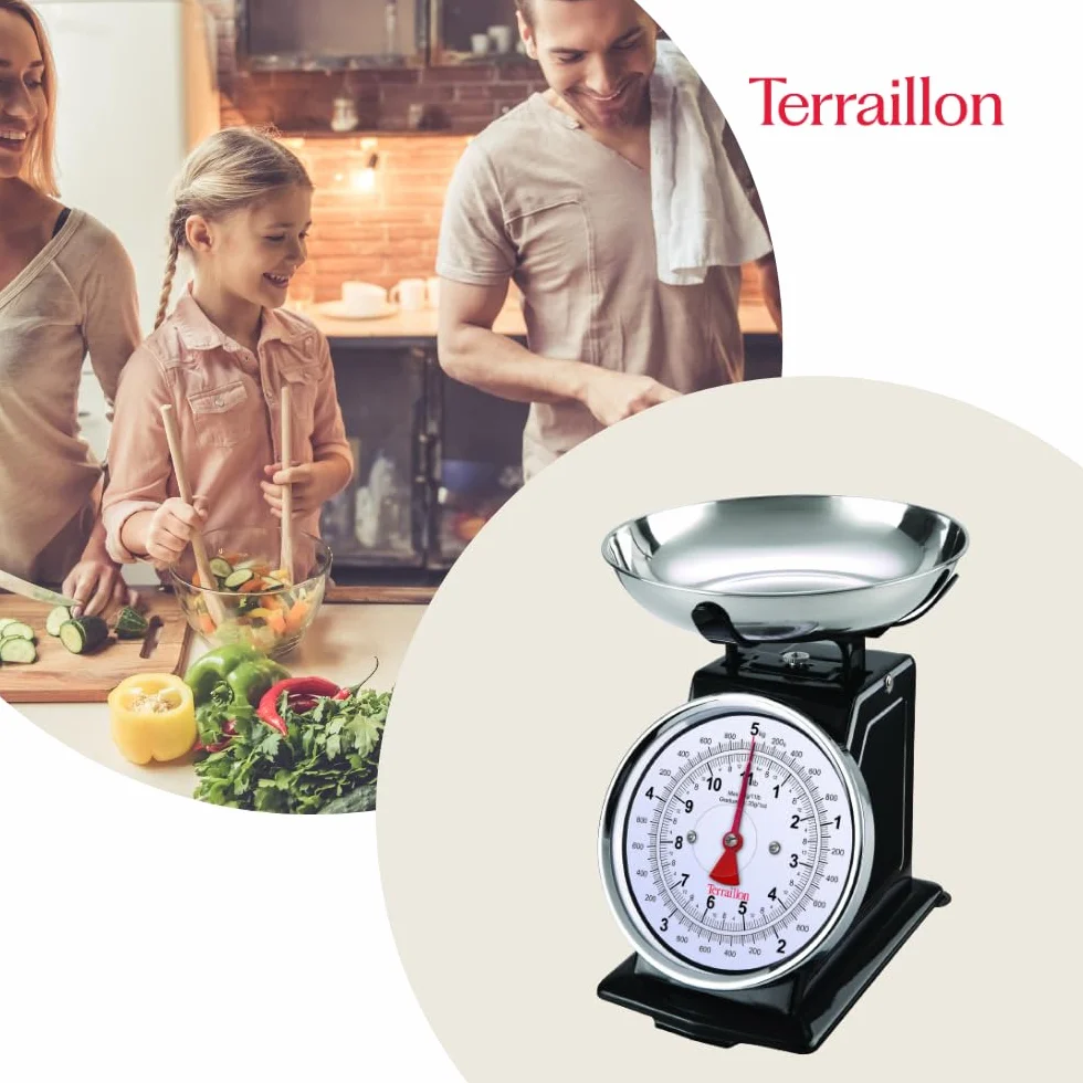 Terraillon Tradycyjna waga kuchenna, ręczna tara, duża tarcza, pojemność 5 kg, tradycja 500 - czarna