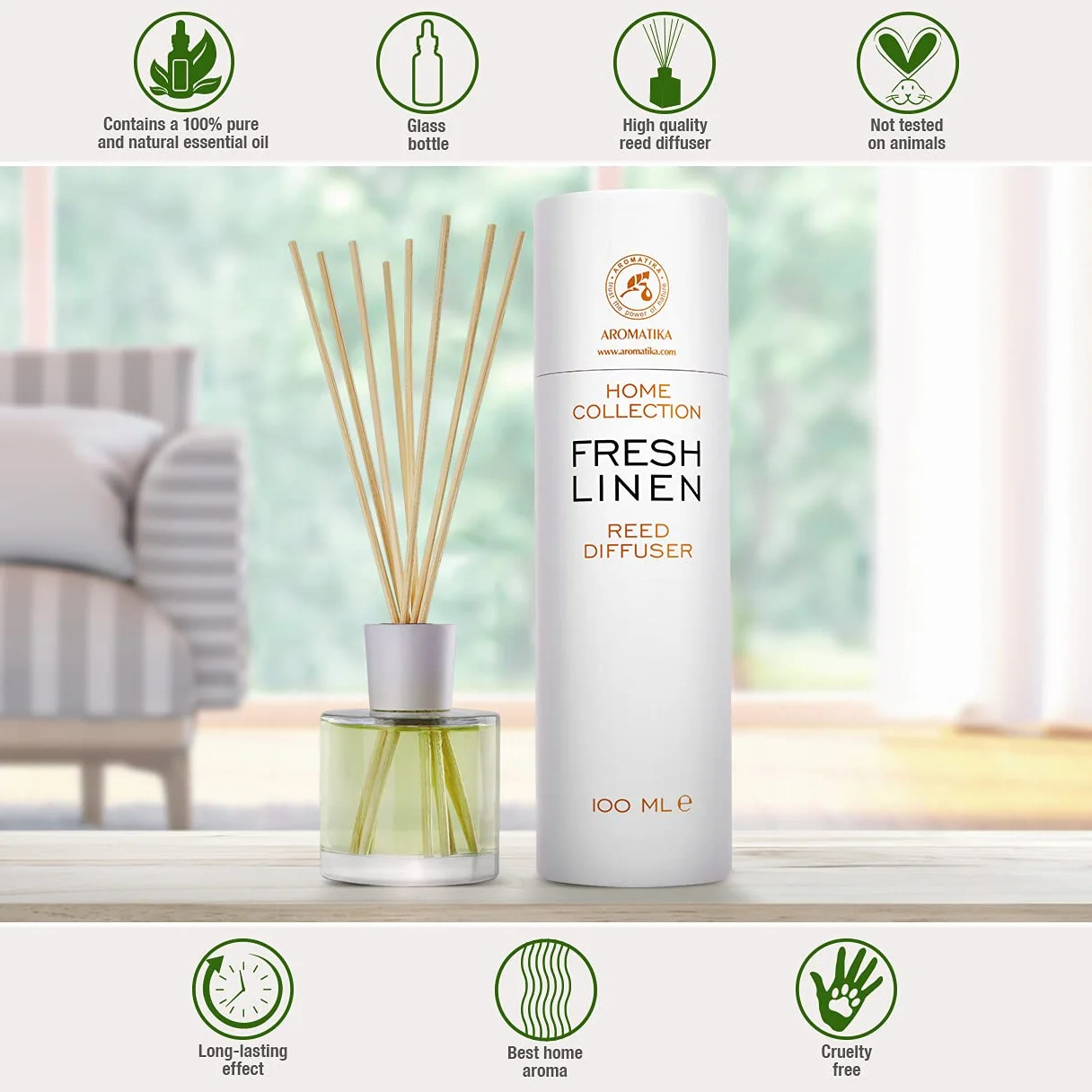 Fresh Linen Reed Diffuser - 100ml w/Rattan Sticks - Home Fragrance - Scented Diffusers for Aromatherapy - Perfect as a Gift - Enhancing any Room with a Refreshing, Soothing and Pleasant Scent