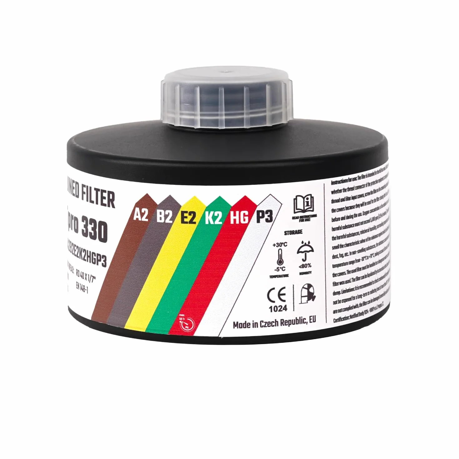 MIRA Safety DotPro 330 filtr maski gazowej klasy przemysłowej | A2 B2 E2 K2 HG P3 ocena filtra | długi okres przydatności do spożycia, filtr NATO 40 mm, pasuje do masek gazowych CBRN
